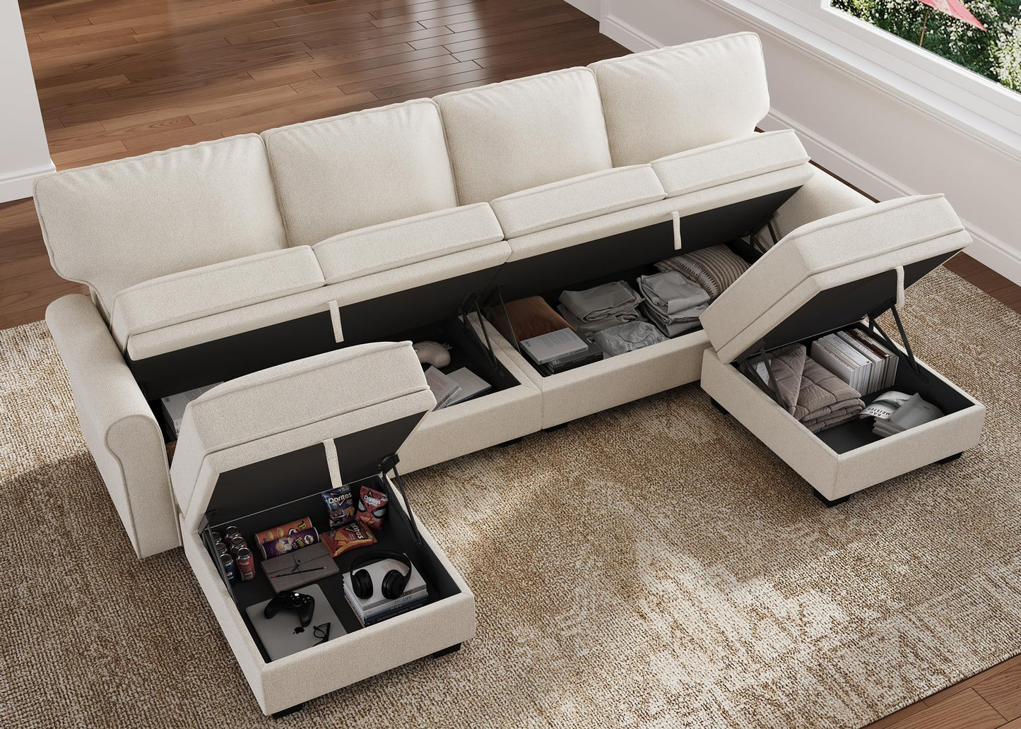 HONBAY Convertible Sectional Sofa with Storage U Shaped Sectional Couch with Reversible Chaise Small Sectional Couches for Living Room,Beige