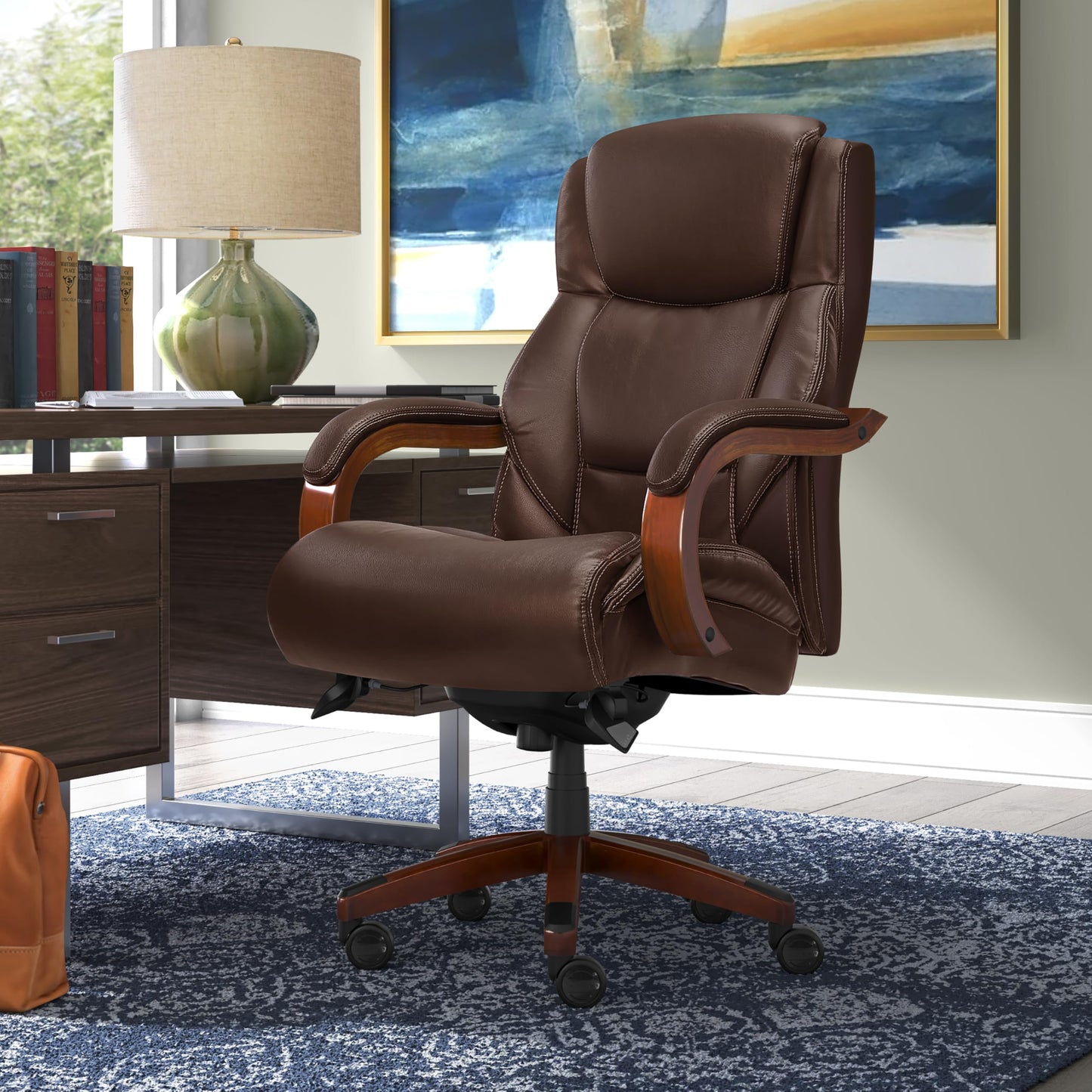 La-Z-Boy Delano Big and Tall Executive Office Chair - Ergonomic Lumbar Support Memory Foam - Bonded Leather Desk Chair for Home Office - Mahogany Wood Arms - Chestnut Brown