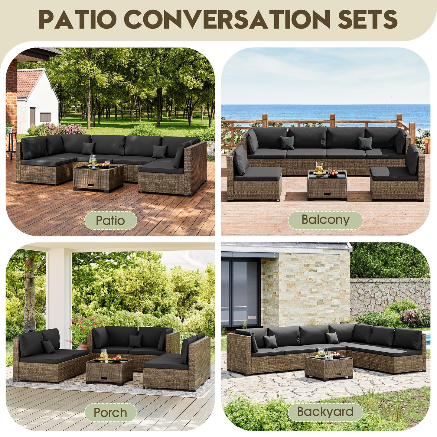 LHBcraft 7 Piece Outdoor Patio Furniture Set, Wicker Patio Furniture Set Outdoor Patio Sectional Sofa for Backyard Rattan Patio Seating with Black Cushion