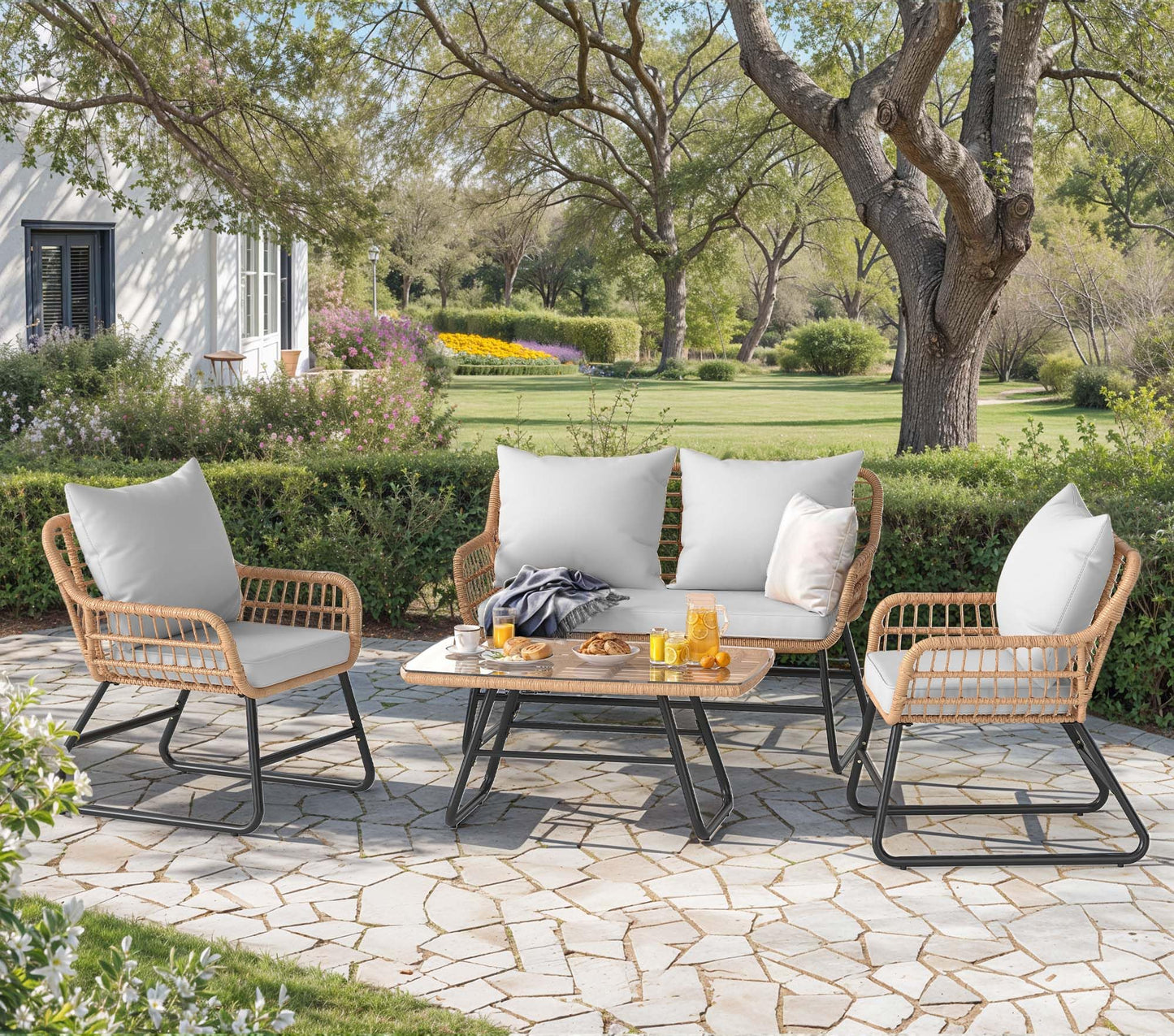 YITAHOME 4 Piece Patio Furniture Set, Outdoor Wicker Furniture Set with Removable Cushion, Rattan Patio Loveseat Set for Garden, Backyard, and Deck,Armchairs, Glass Side Table, Light Gray & Beige
