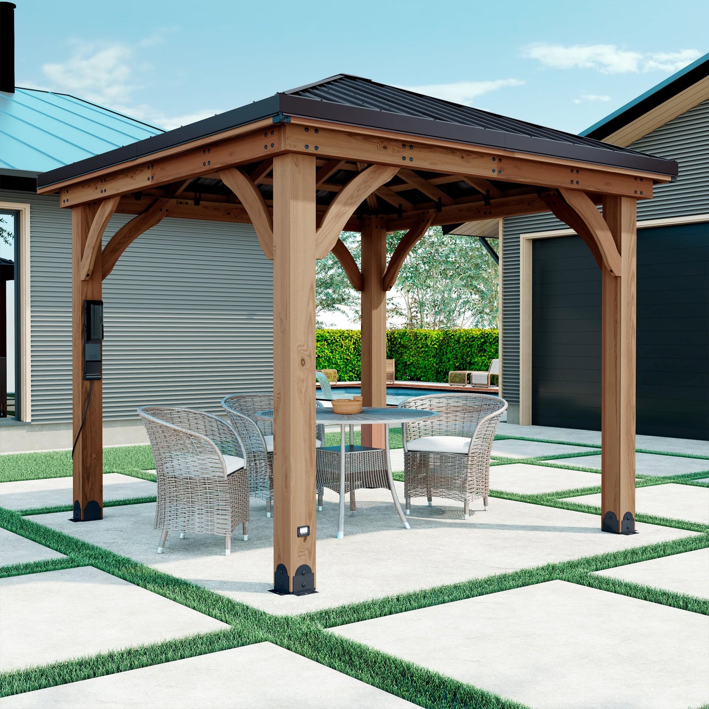 Backyard Discovery Barrington 10' x 10' Cedar Wood Outdoor Gazebo Pavilion with Hardtop Galvanized Steel Hip Roof, Snow Support, Wind Resistance, PowerPort, Shade for Garden, Patio, Deck, Entertaining