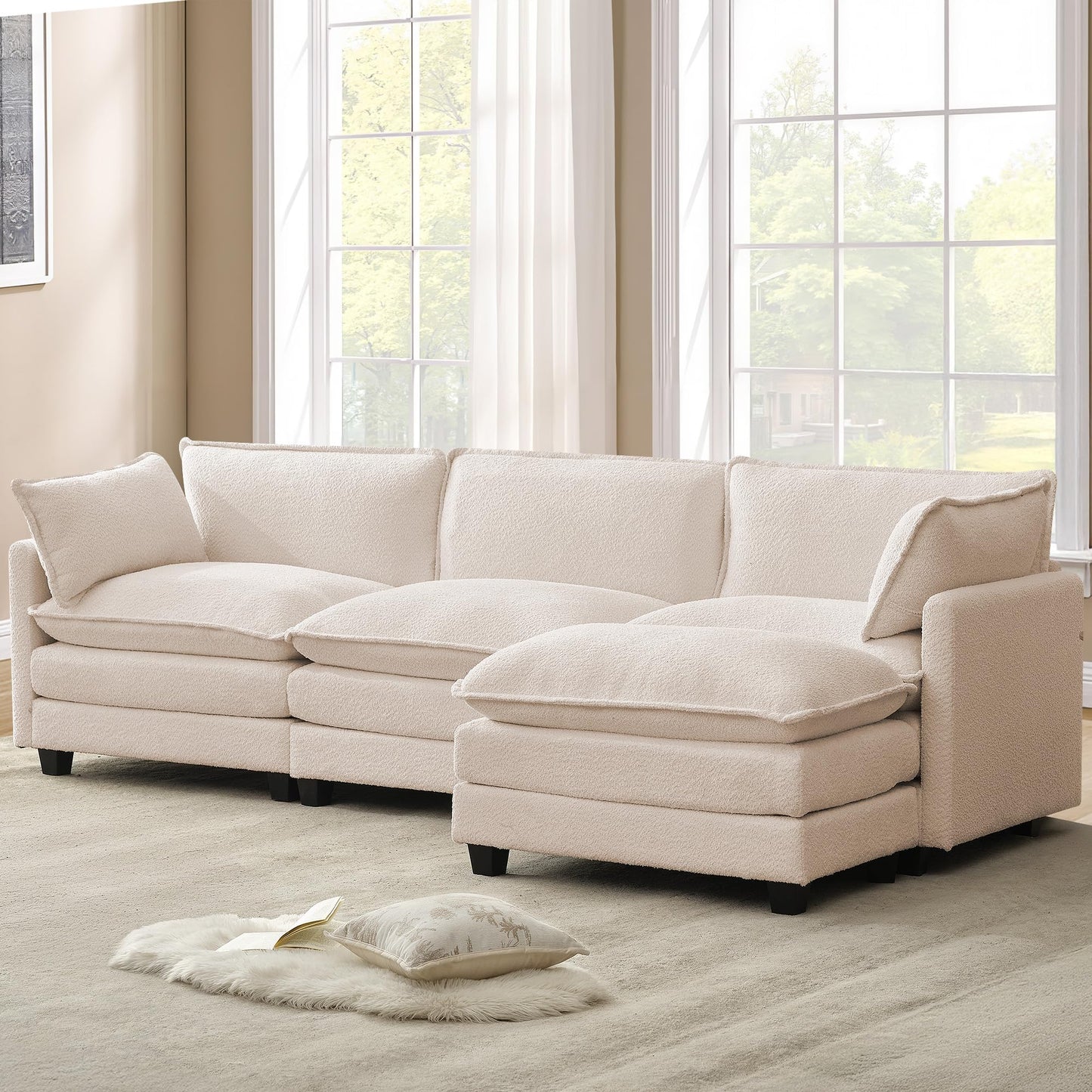 ROWHY 112'' Modular Sectional Cloud Couch with Movable Ottoman, 4 Seat Modern Chenille Sofa with 2 Throw Pillows, Deep Seat L Shaped Couch for Living Room Bedroom Apartment, Beige