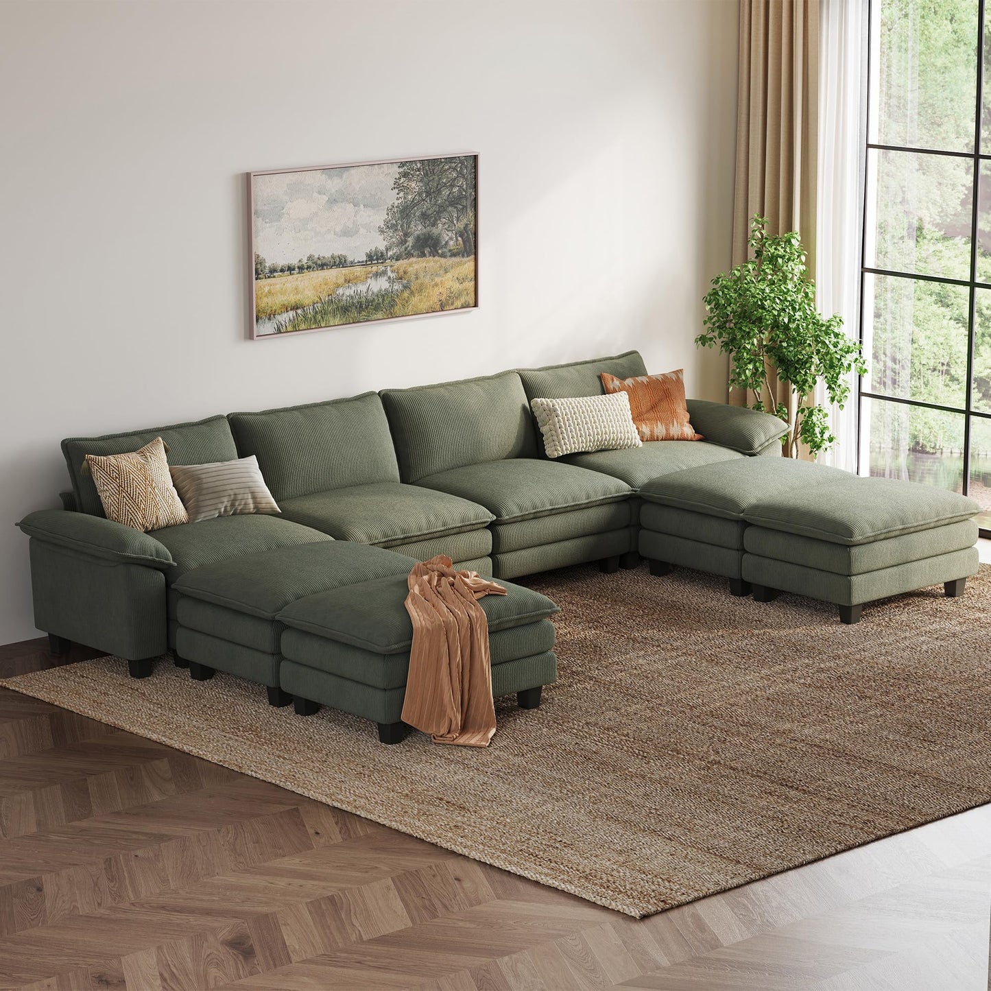LINSY HOME Modular Sectional Sofa - 157 Inch Oversized Corduroy Cloud Couch with Movable Ottoman Soft Modern Comfy Sofa Set for Living Room Apartment Office (Green, 4-Seat & 4-Ottoman)