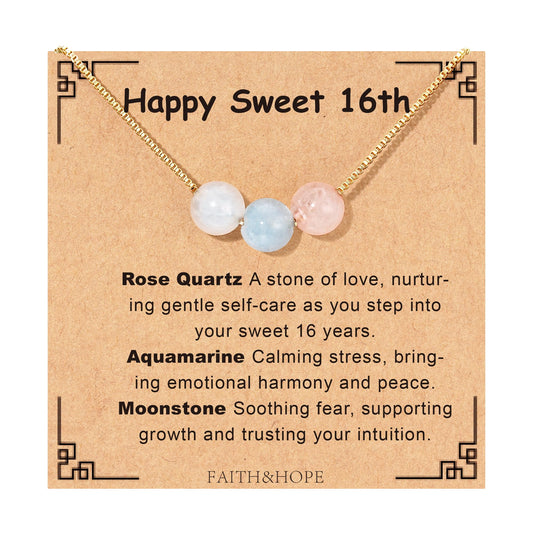 Suarlly Natural Crystal Necklace 16th Birthday Gifts Rose Quartz Moonstone Aquamarine Healing Stones Meaningful Gifts For Daughter Granddaughter Jewelry