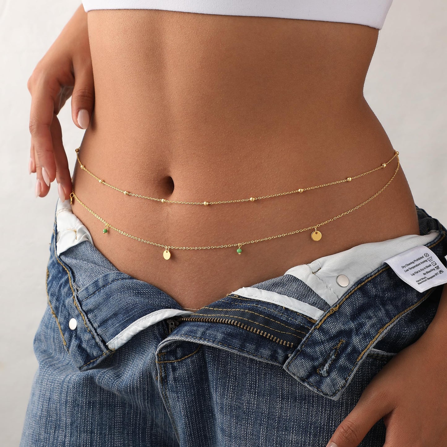 Waist Chain for Women 14K Gold Plated Waist Beads Chains Layered Beads Disc Peacock Green Bead Link Gold Belly Chain Belly Belt Body Chains Adjustable Sexy Bikini Body Jewelry Daily Gifts for Women