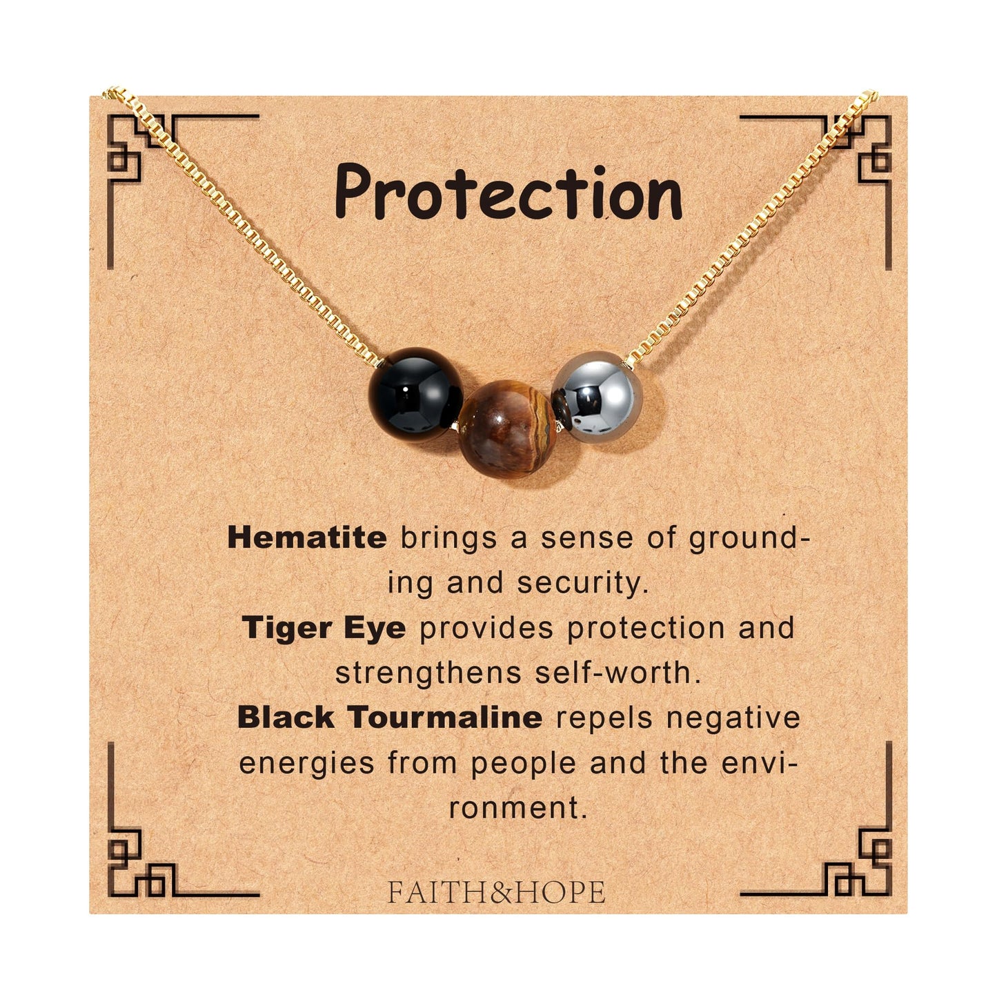 Suarlly Healing Crystal Necklace for Women 14k Plated Gold Beaded Necklace Tiger Eyes Anxiety Relief Triple Protection Gifts for Friends Sister Mom Daughter Jewelry