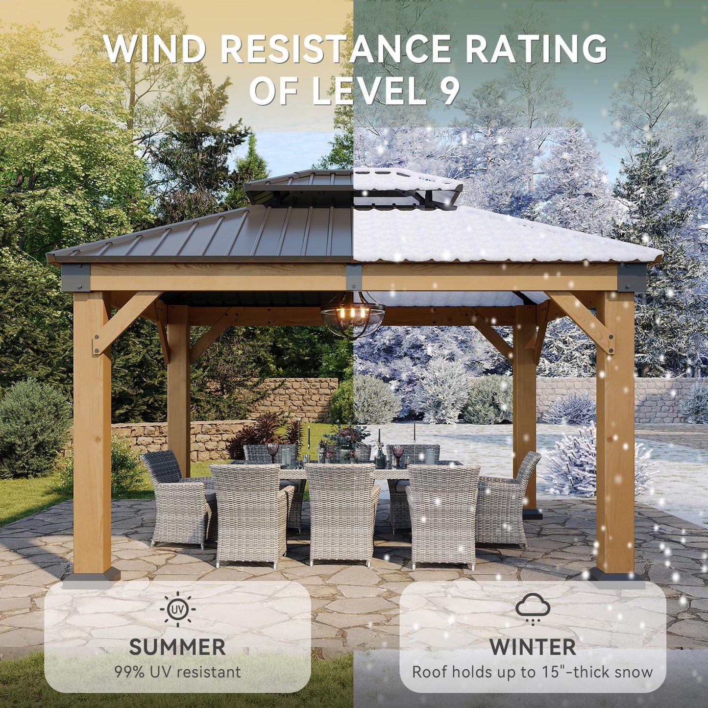 Aoxun 10' x 12' Outdoor Wood Gazebo, Hardtop Gazebo Permanent Wooden Pavilion with Galvanized Steel Double Roof, for Patio, Garden, Deck, Cedar Wood, Natural