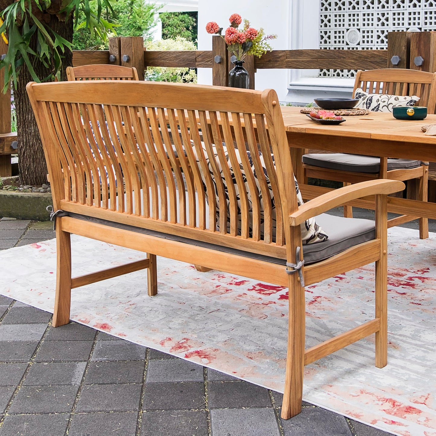 Cambridge Casual Caterina Teak Wood 6-Piece Outdoor Dining Set with Bench, Armchairs, and Beige Cushions, Weather-Resistant Natural Teak Garden Furniture for Porch, Deck, or Backyard