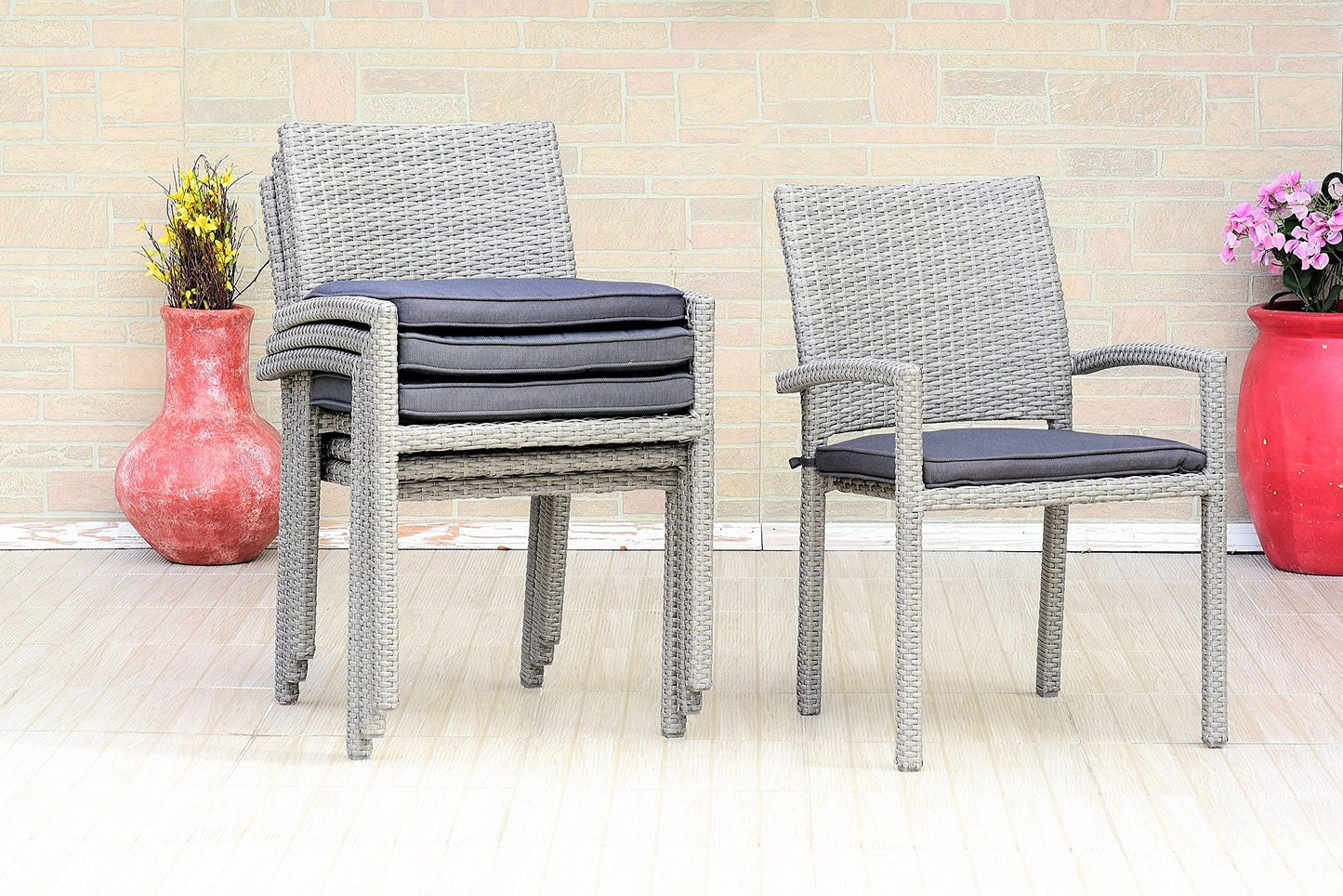 Amazonia Jefferson 13-Piece Patio Extendable Dining Table Set | Teak Finish & Light Grey Wicker Chairs with Cushion | Ideal for Outdoors and Indoors