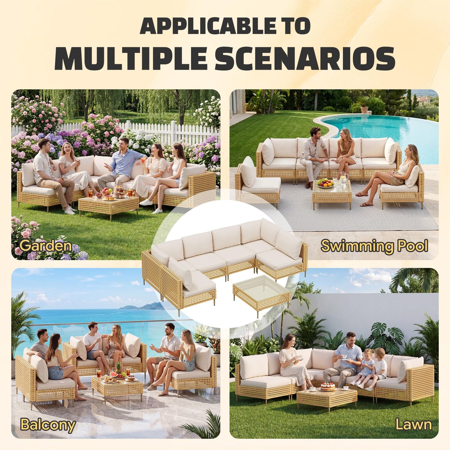 LHBcraft 7-Piece Wicker Outdoor Patio Furniture Set, Modular Rattan Outdoor Furniture, Patio Conversation Sets, Handmade Rattan, Water Resistant Fluffy Cushions and Coffee Table, Beige