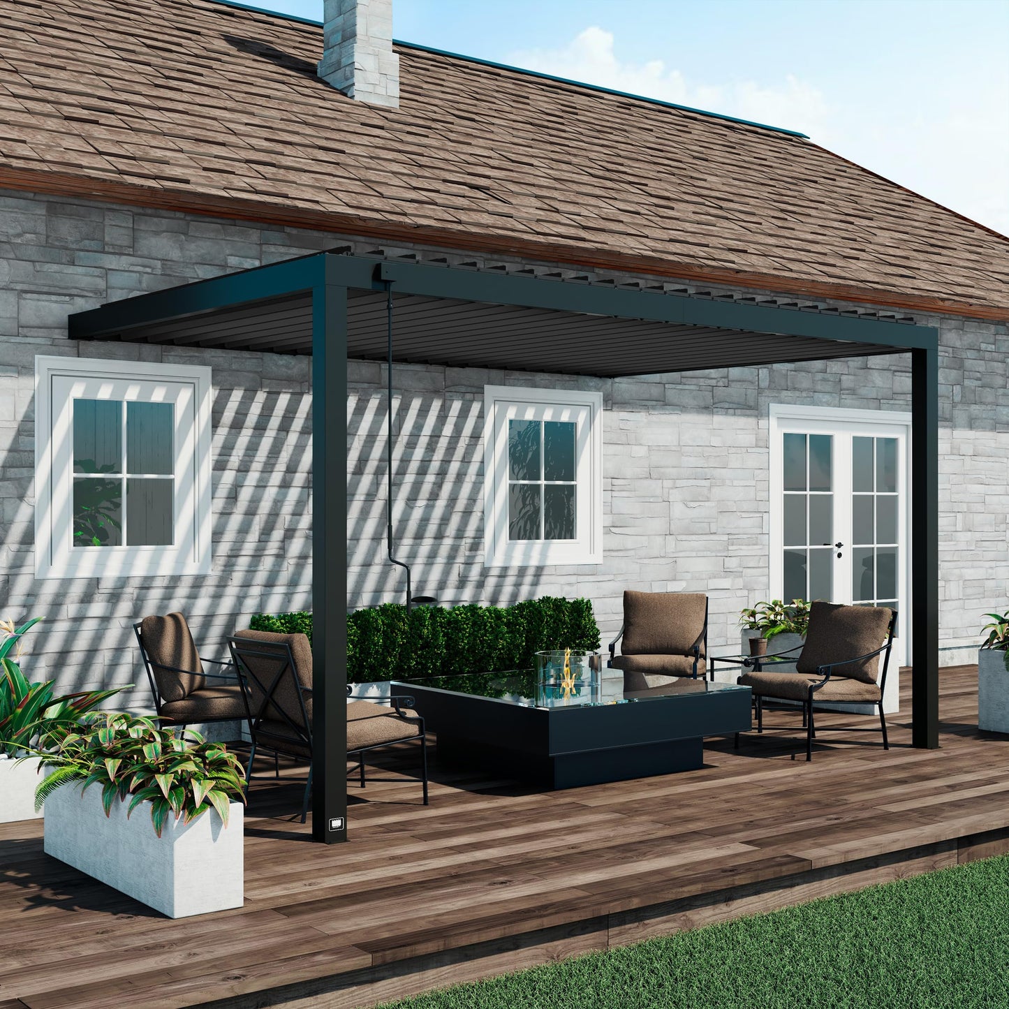 Backyard Discovery Evanston 14'x10' Galvanized Steel Wall-Mounted Louvered Pergola Kit with Adjustable Roof, Shade, Rain Protection, High-Wind Rating, PowerPort, Gutter System for Outdoor Patio, Deck