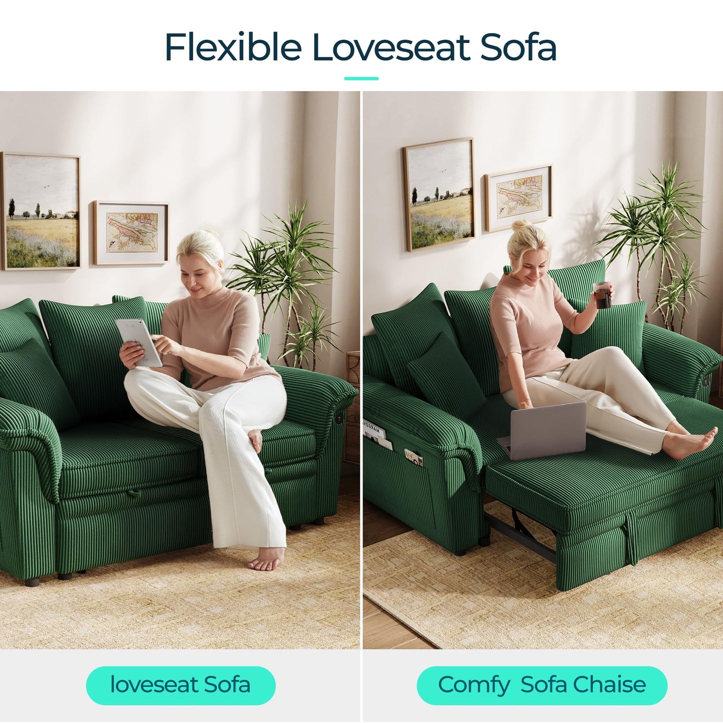 LINSY HOME Sectional Loveseat Sofa with Pull Out Chaise (Green, 62.5'')