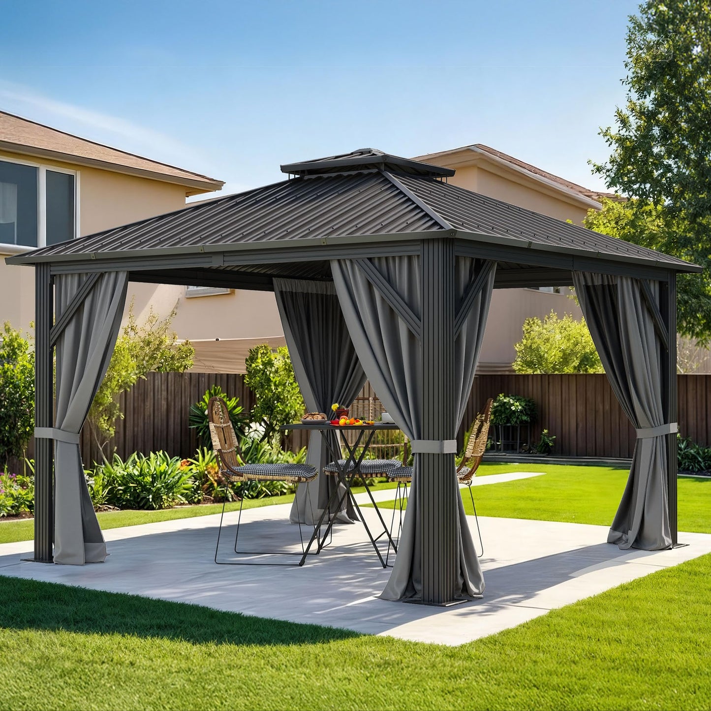 DWVO 12x12ft Metal Gazebo Hardtop Double Roof Canopy Outdoor Gazebo Galvanized Roof with Netting and Curtain Garden Tent for Patio, Backyard and Deck