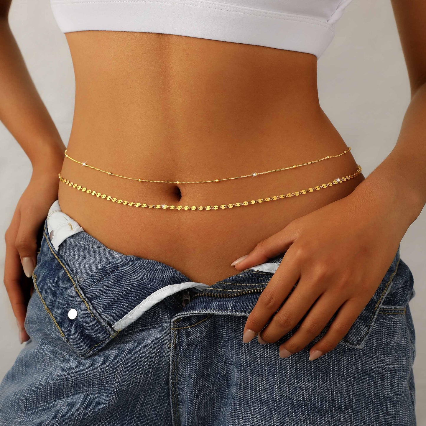 JIKASI 14K Gold Plated Waist Chain for Women Dainty 2Pcs Layered Belly Chain Beaded Sequin Disc Body Chain Belt Set Waterproof Summer Beach Bikini Jewelry Accessories Adjustable Waist Beads Gift