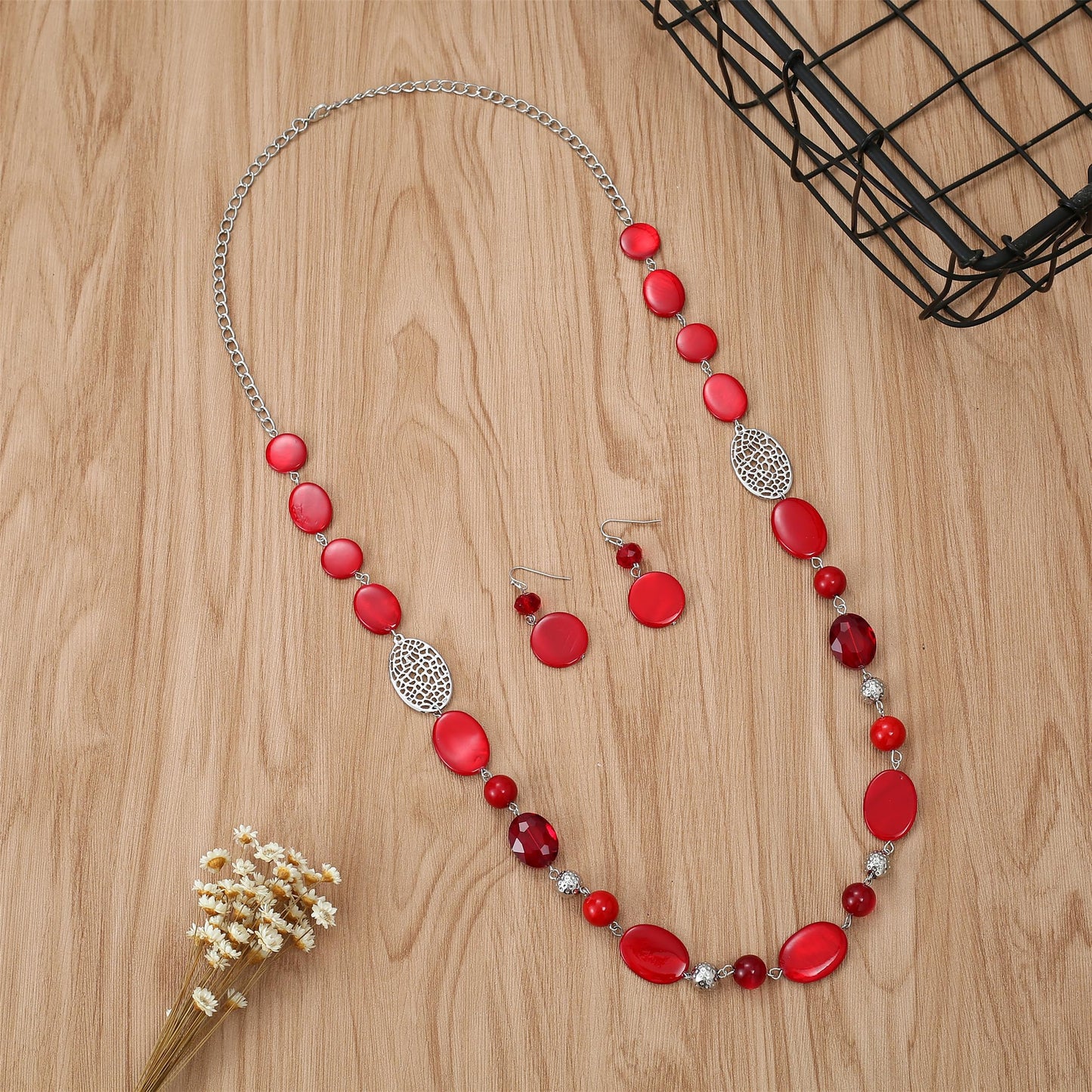 Aenu Beaded Long Necklace Set for Women Silver Gold Tone Sweater Chain Stone Crystal Beads Necklace Trendy Fashion Jewelry for Holiday Gifts (Red)