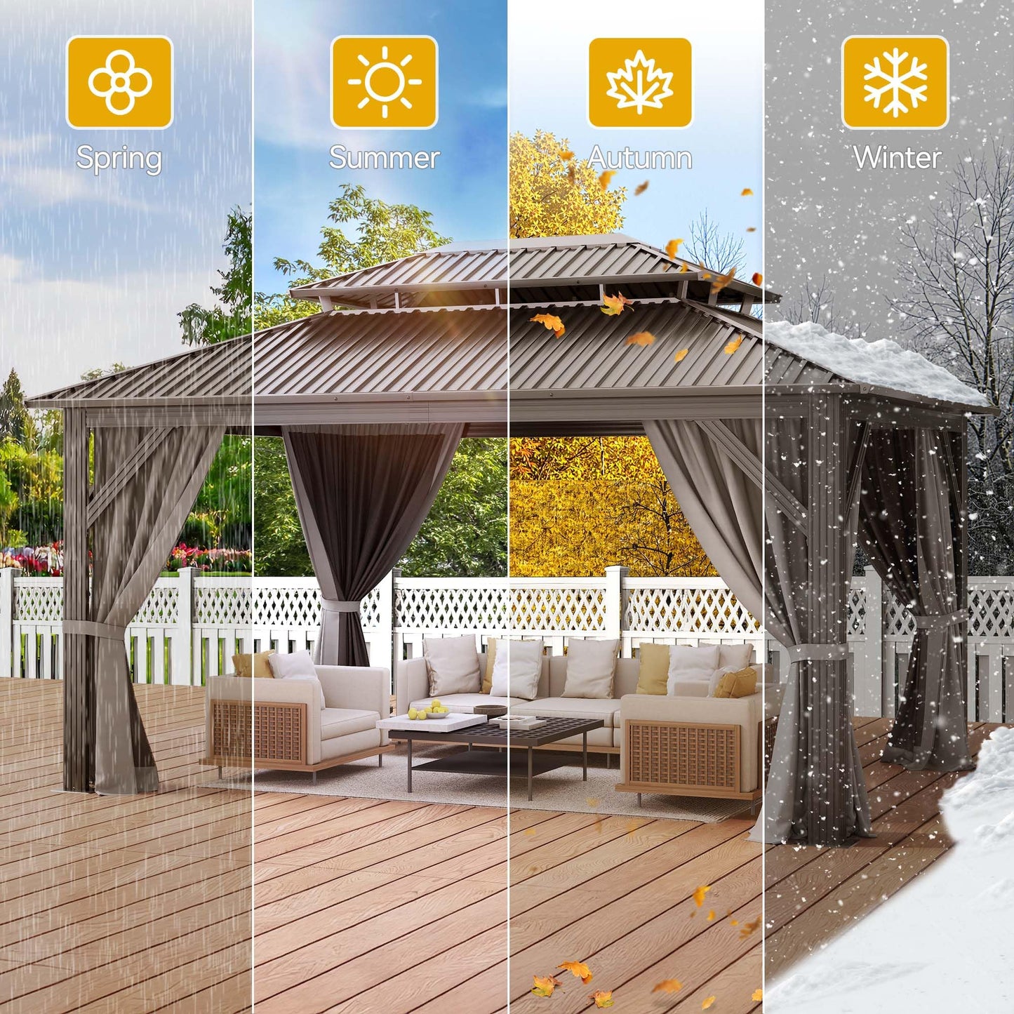 DWVO Hardtop Gazebo with Nettings and Curtains, Heavy Duty Galvanized Steel Outdoor Vertical Stripes Roof for Patio, Backyard, Deck, Lawns, Gray, 16x12ft