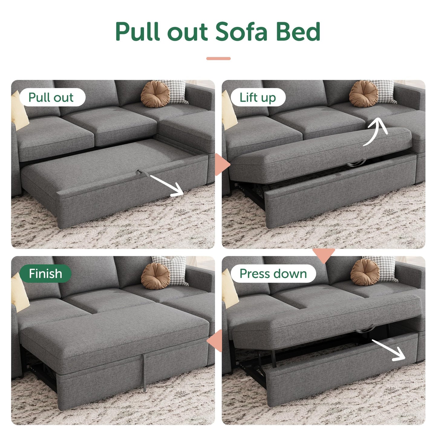 HONBAY Modular Sectional Sleeper Sofa with Pull Out Bed, L Shaped Couch with Storage Seat, Modular Sectional Couches for Living Room - Dark Grey