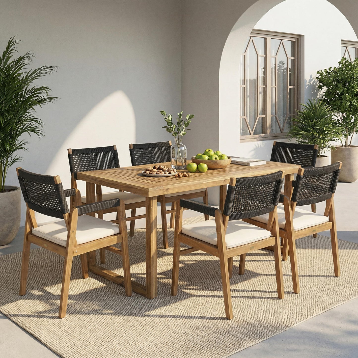 Christopher Knight Home Terry Acacia Wood Patio Dining Set for 6, Solid Wood Outdoor Dining Table Set for 6, 7 Piece Outdoor Dining Set with Rectangular Table and Woven Rope Accents, Teak+Beige+Black