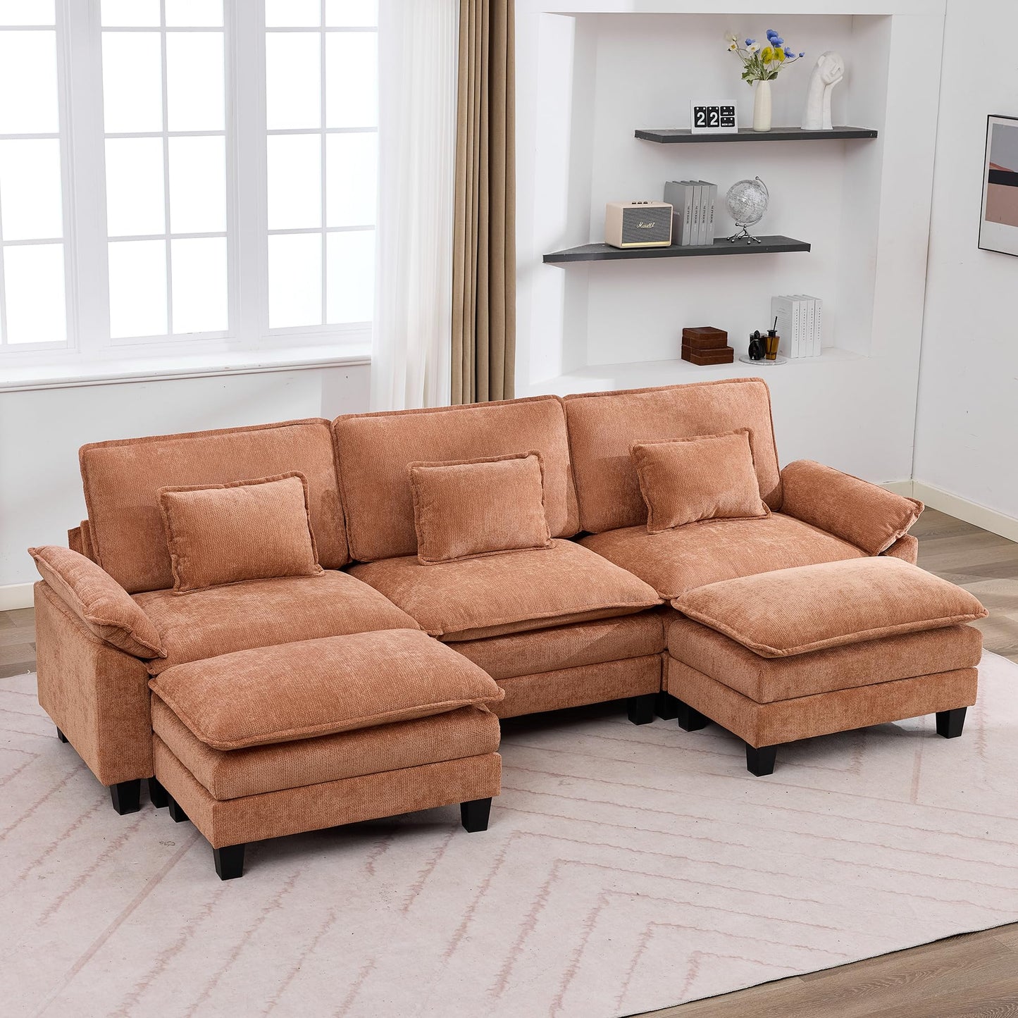 IPKIG 117" Modular Sectional Sofa, Chenille U-Shaped Sectional Couch Comfy Upholstered 3 Seat Sofa with 2 Ottoman, Deep Seat Cloud Couch Sofa for Living Room, Orange