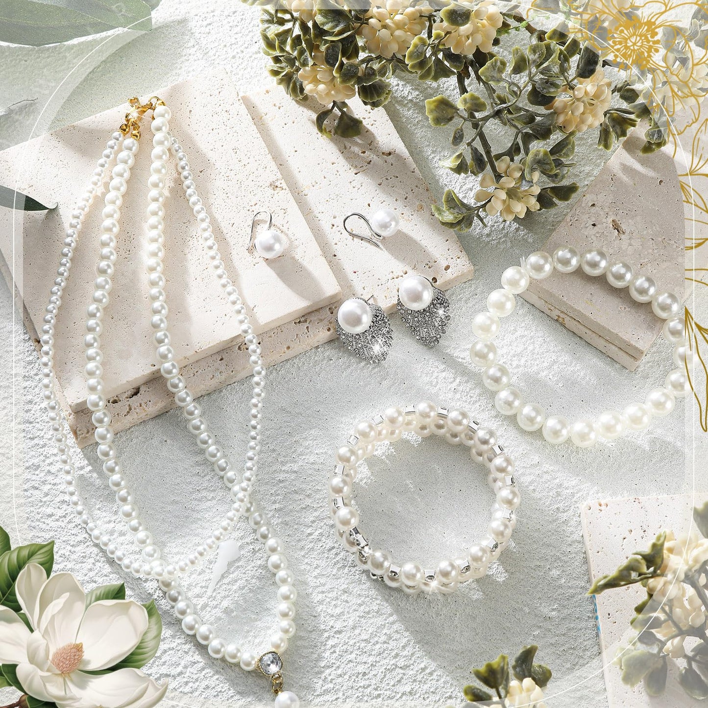 Glenmal Pearl Rhinestone Jewelry Set for Women Pearl Necklace Bracelet Earrings for Wedding Birthday Bridal Shower Tea Party (Gorgeous Style)