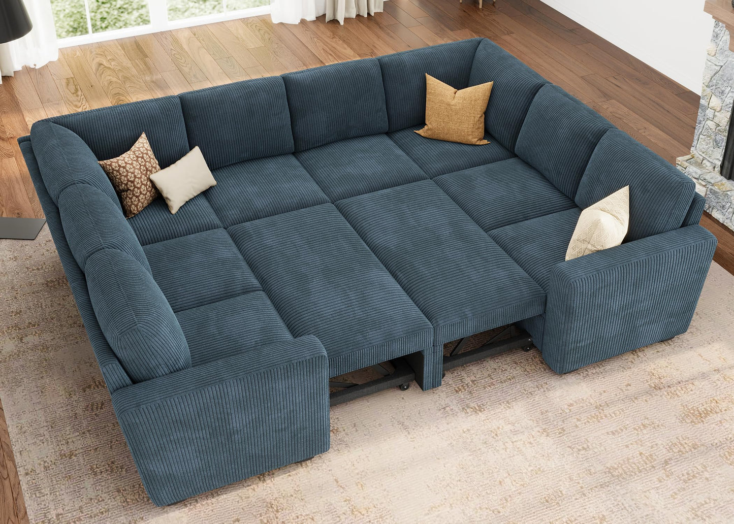 HONBAY Modular Sectional Couch with Pull Out Bed, Corduroy Sleeper Sofa with Storage Seats, U Shaped Sectional Couches for Living Room, Blue