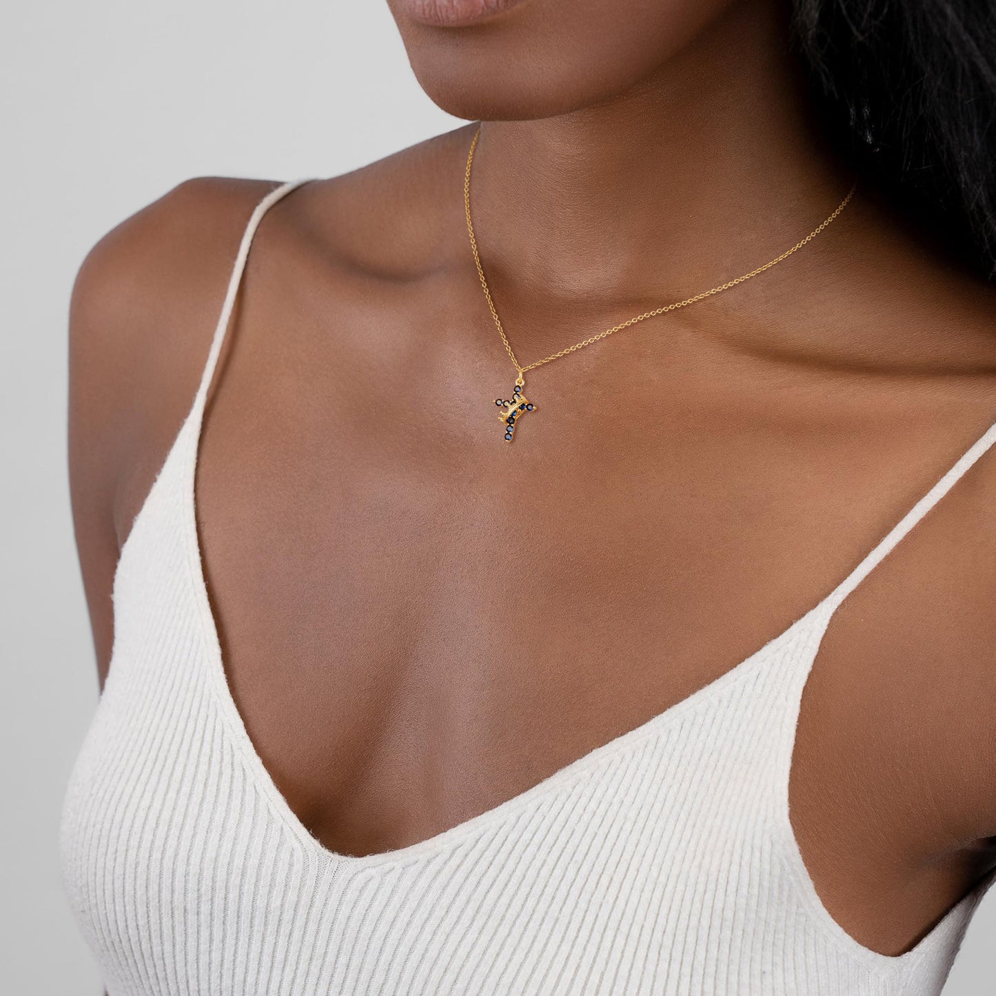 Robaice Birthstone Crown Cross Necklace for Women, Gold-Plated Christian Faith Necklace, Cross Jewelry Gift for Women, September Blue Sapphire Gift