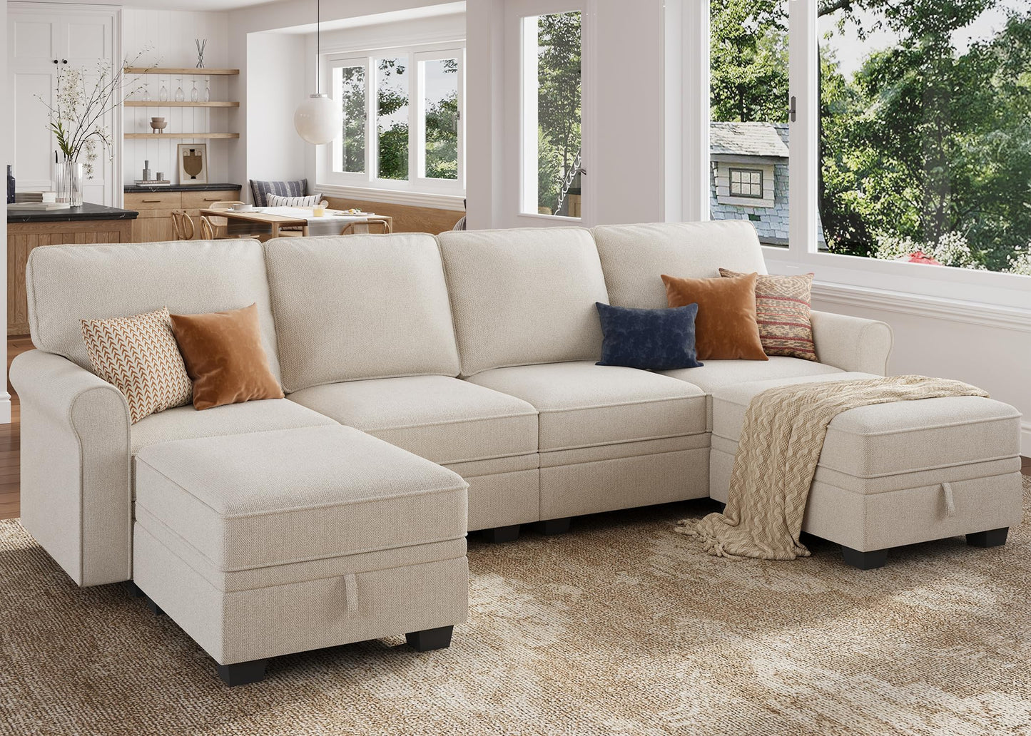 HONBAY Convertible Sectional Sofa with Storage U Shaped Sectional Couch with Reversible Chaise Small Sectional Couches for Living Room,Beige