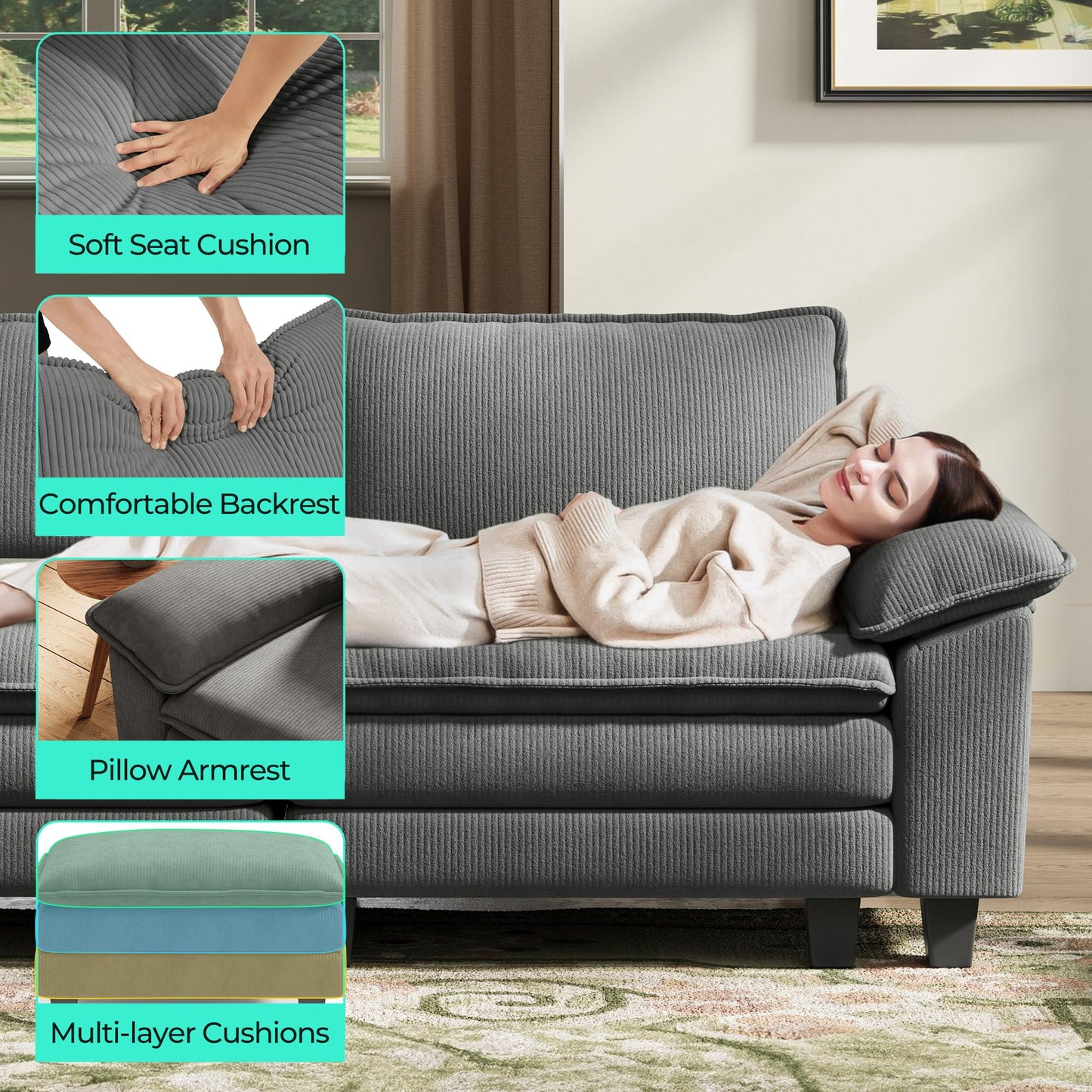 LINSY HOME 123'' Modular Sectional Sofa Grey Couch Corduroy Cloud Couches for Living Room, L Shaped Couch with Movable Ottoman, Modern Cloud Sectional Sofas for Bedroom and Apartment, Grey
