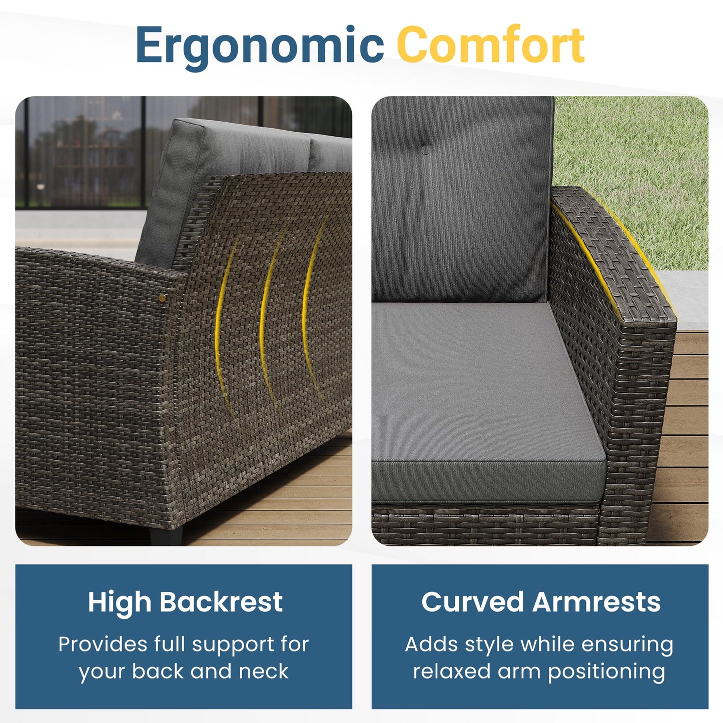 Wisteria Lane 4 Piece Patio Furniture Set, Wicker Outdoor Patio Conversation Furniture Set, All Weather Outdoor Patio Sofa with Cushion and Wood Table, Grey Wood