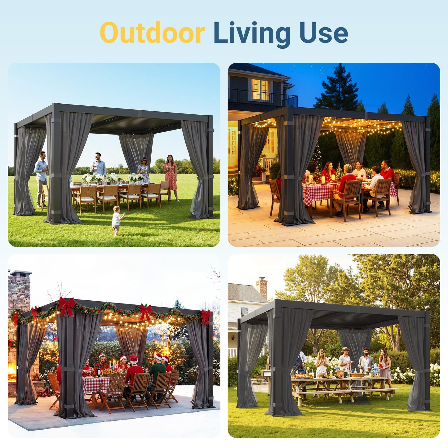 10' x 12' Louvered Pergola, Metal Outdoor Pergola with Adjustable Louvered Roof, Curtains & Netting, Patio Hardtop Gazebo with Gutter System for Deck, Garden, Yard, Dark Gray