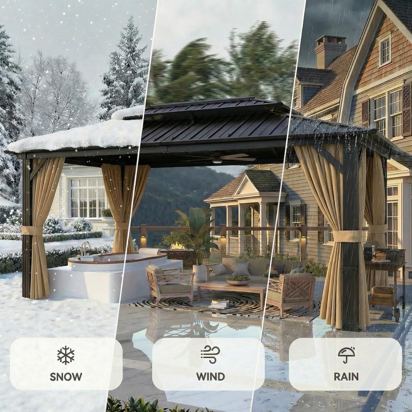 HOTEEL 10x15 Hardtop Gazebo with Flame-Retardant Curtain & Netting, Hot Tub Gazebo with Galvanized Steel Double Roof, Heavy Duty Permanent Pavilion Outdoor for Patio, Frame Thickened, Brown