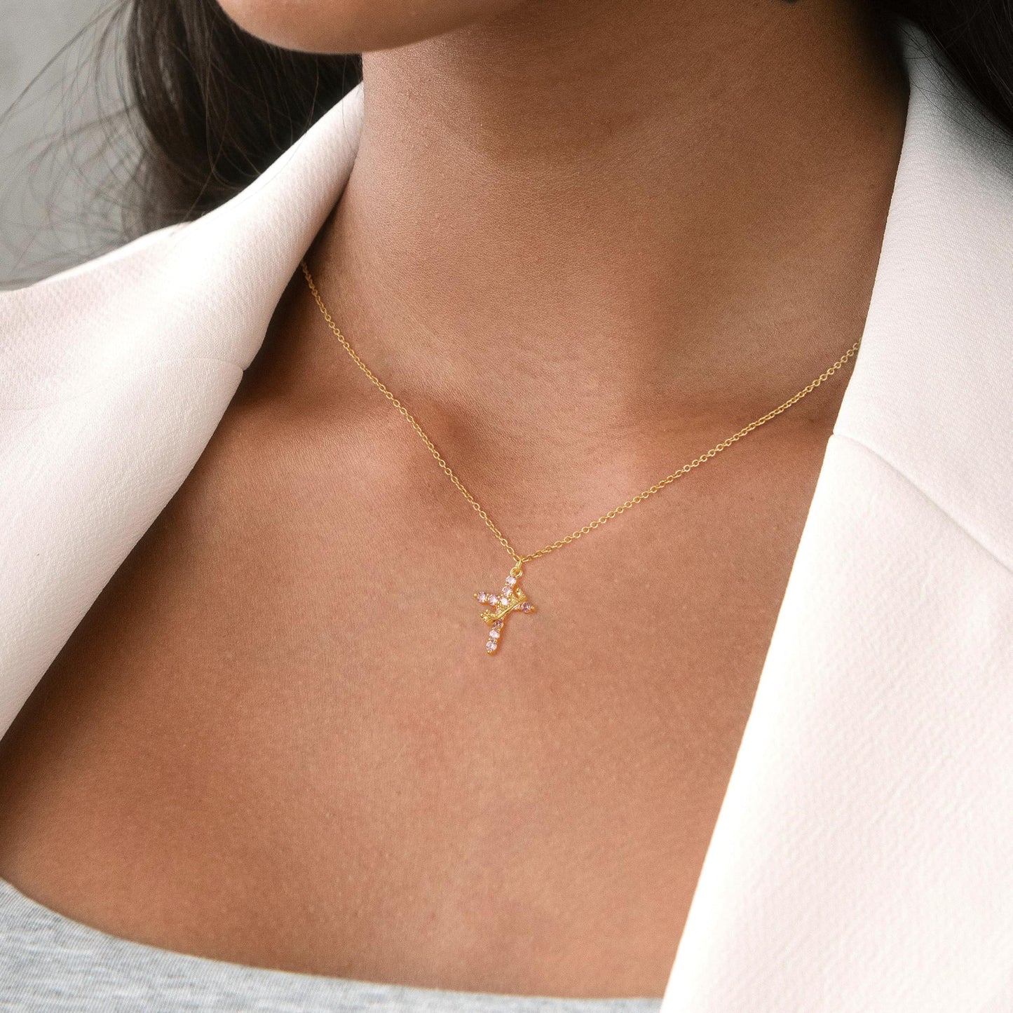Robaice Birthstone Crown Cross Necklace for Women, Gold-Plated Christian Faith Necklace, Cross Jewelry Gift for Women, October Pink Tourmaline Gift