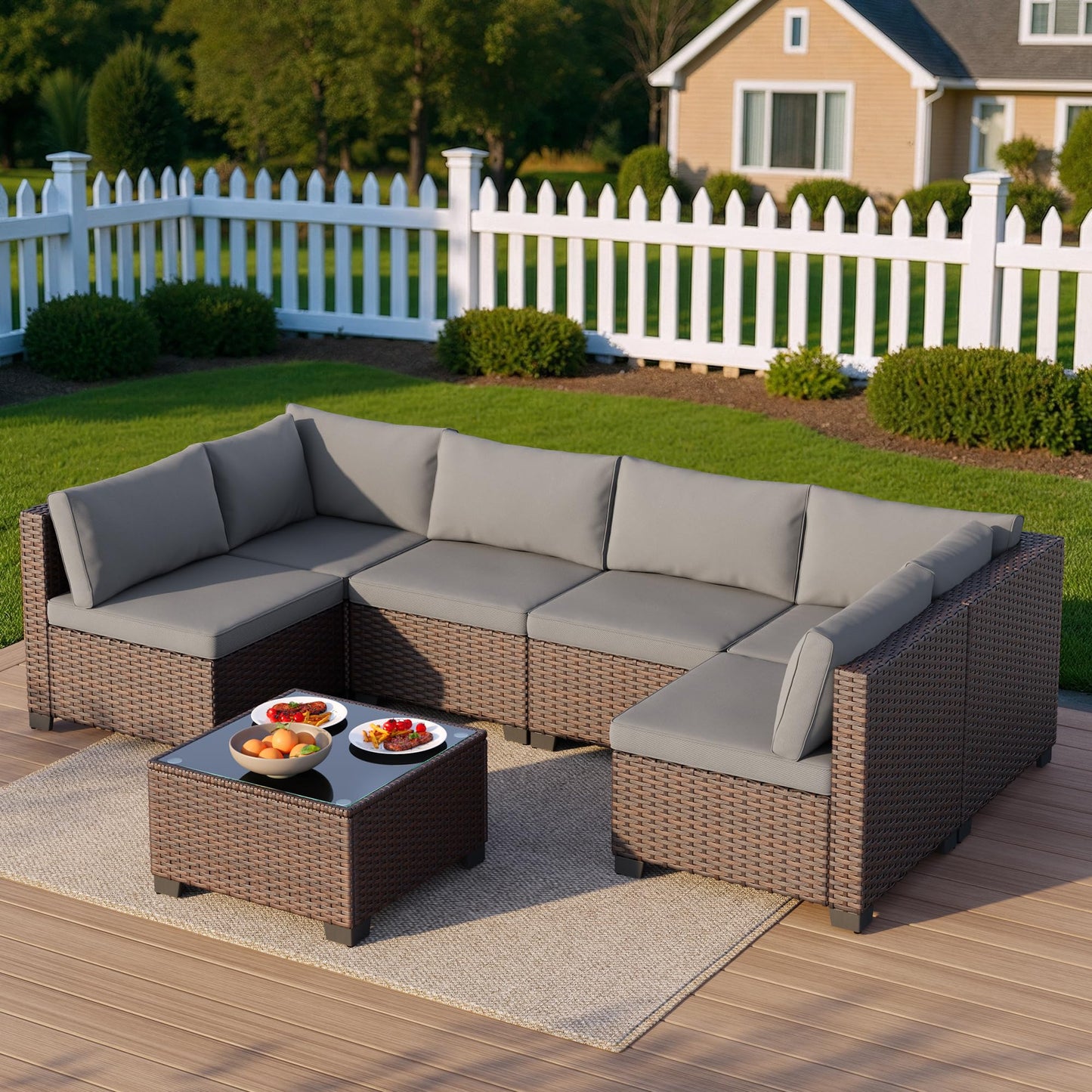 Qsun 7 Pieces Outdoor Patio Furniture Set, PE Rattan Outdoor Wicker Sectional Furniture Sofa Set, with Cushions and Glass Coffee Table, for Balcony, Porch, Garden, Grey