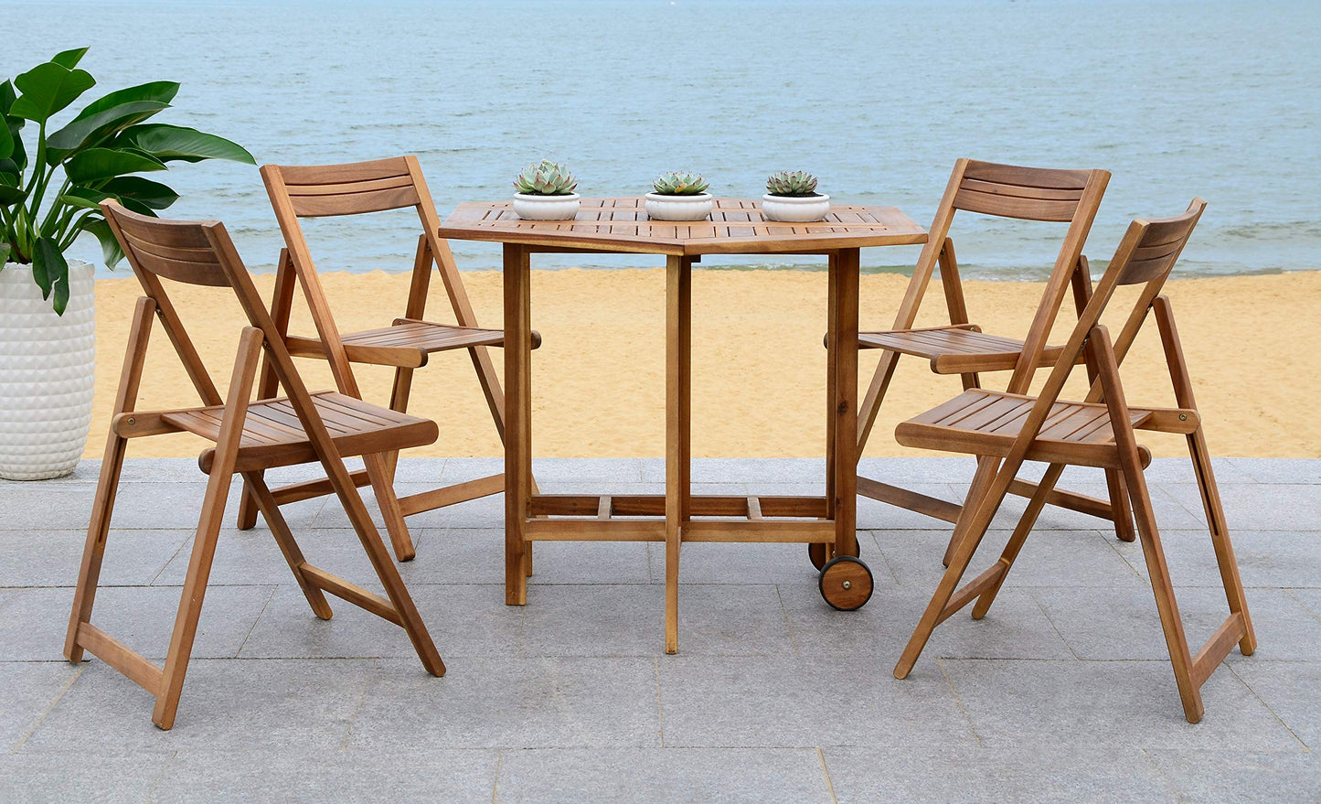SAFAVIEH Outdoor Collection Kerman Natural 5-Piece Foldable Patio Dining Set (Fully Assembled)