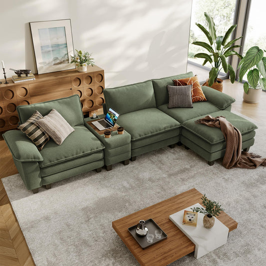 LINSY HOME Modular Sectional Sofa for Living Room, Corduroy Cloud Couch with Storage Console, USB Charging, Cup Holders, Comfy Modern Modular Cloud Couches with Movable Ottoman (Green)