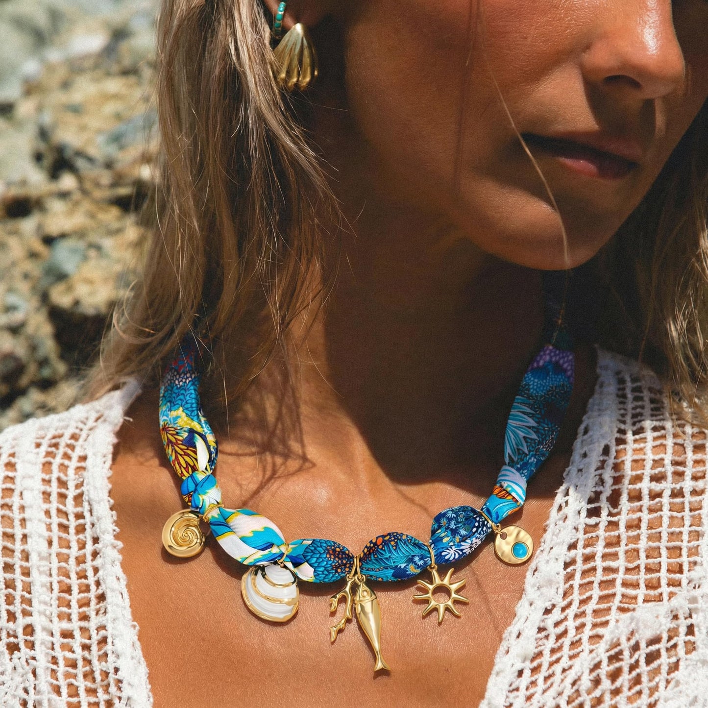 CLASSYZINT Scarf Necklace with Fish Conch Sun Charm Necklace Ocean Theme Choker Necklace Beach Vacation Party Holiday Jewelry
