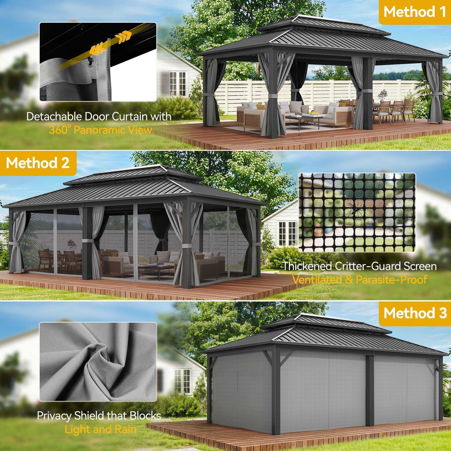 DWVO 12x20ft Aluminum Gazebo Hardtop Double Roof Canopy Outdoor Gazebo Galvanized Roof with Netting and Curtain Garden Tent for Patio, Backyard and Deck