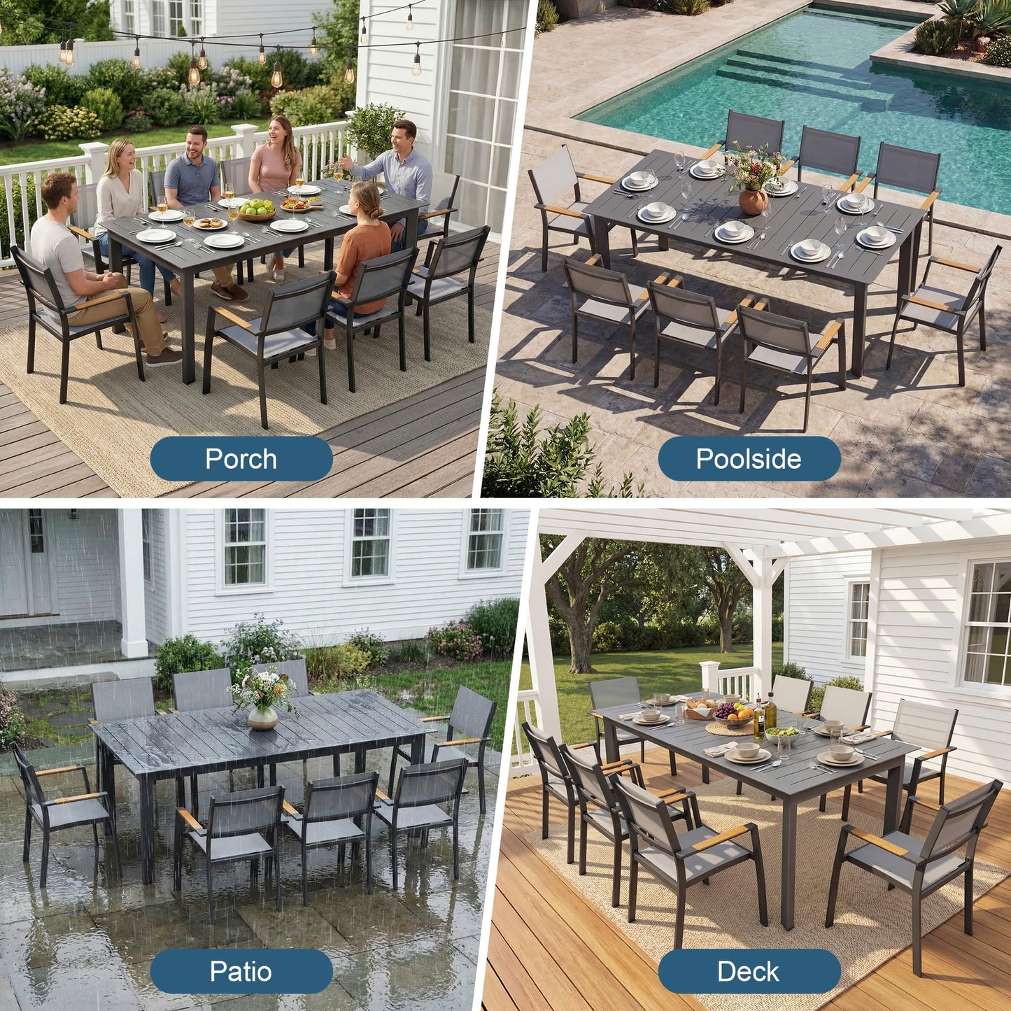 Wisteria Lane 13 Piece Aluminum Outdoor Dining Sets with 3-Adjustable Length Dining Table, 121" L×39.4" W Expandable Patio Table and Chairs Set for 12, Stackable Chairs with Quick Drying Fabric, Grey