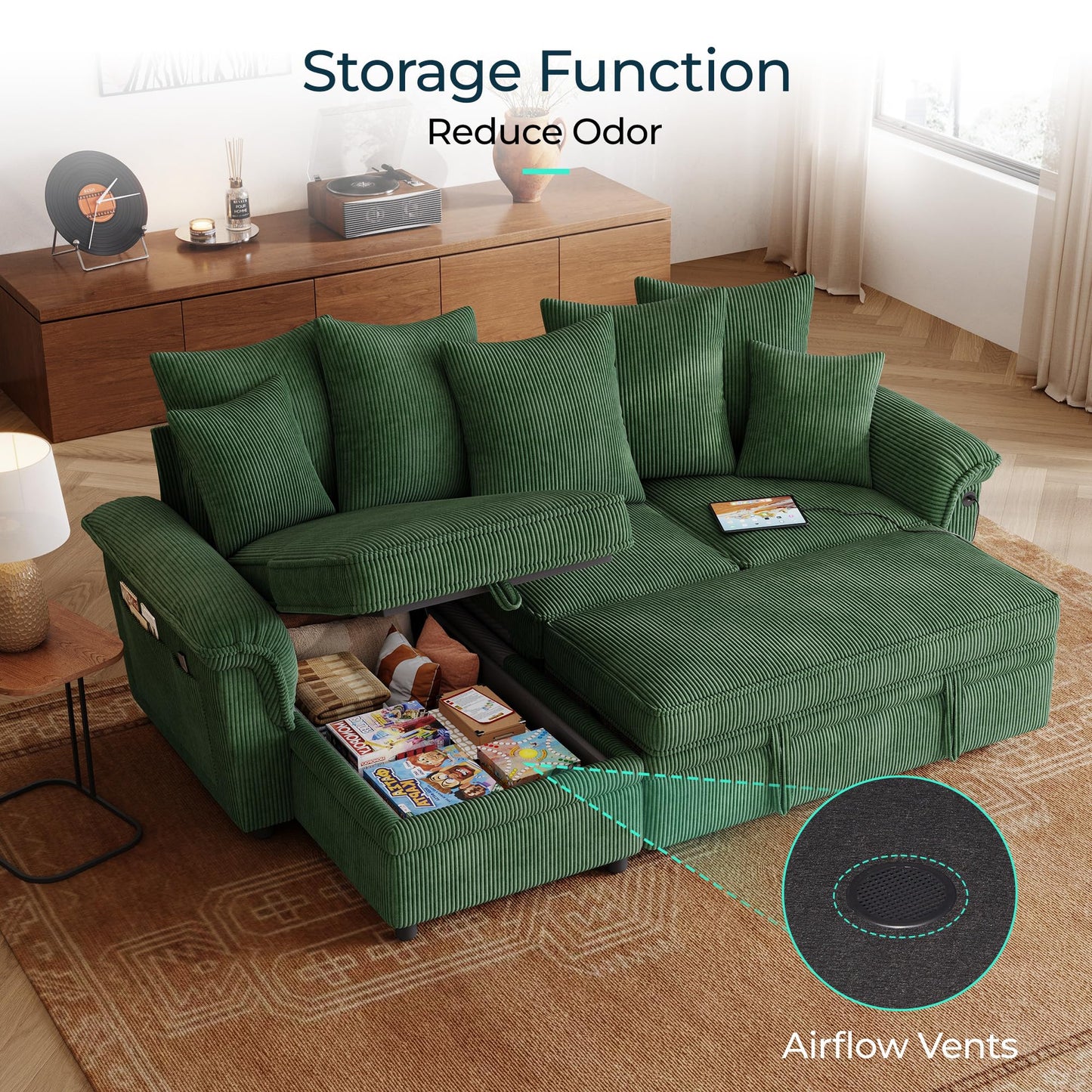 LINSY HOME 90.5'' Sectional Sleeper Sofa with Pull Out Couch Bed Modular (Green, 90.5'')