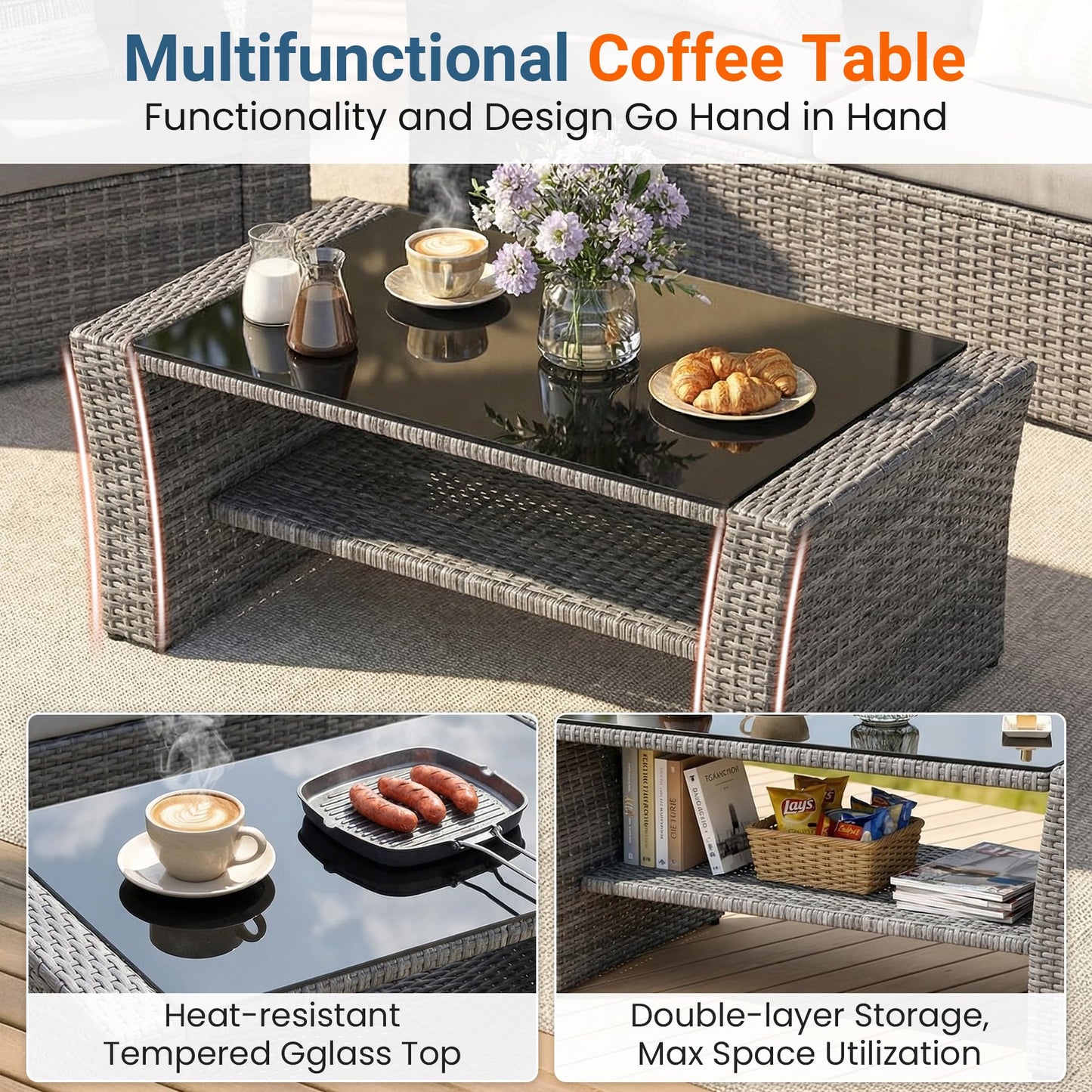 Wisteria Lane Patio Furniture Set, Wicker Outside Outdoor Furniture for All Weather, Patio Sofa with High Backrest Support and Wide Armrest for Backyard, Balcony, Deck, Porch, Navy Blue