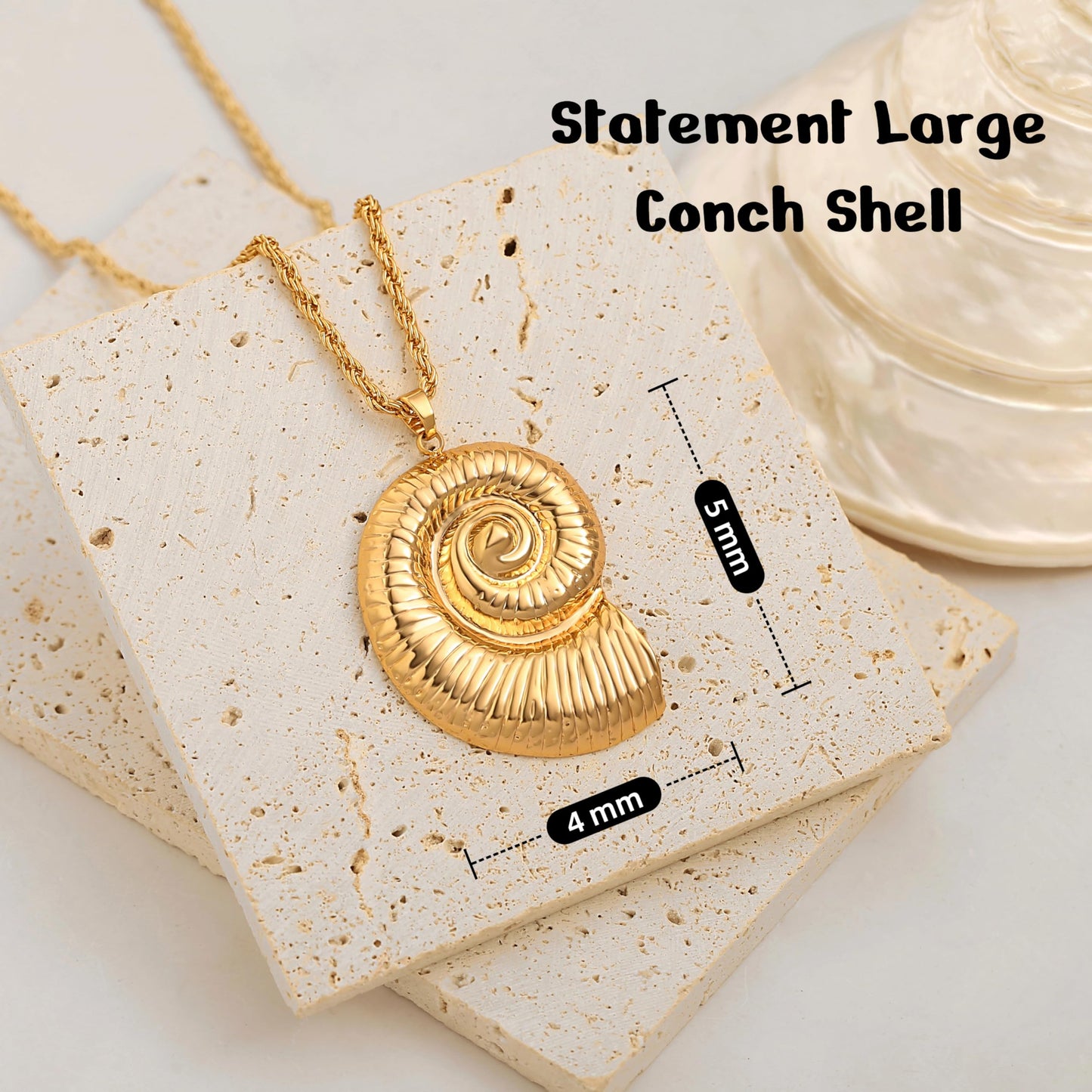 PEARLADA Statement Gold Plated Conch Shell Necklace, Boho Large Pendant Sea Shell Necklace, Adjustable Beach Summer Jewelry