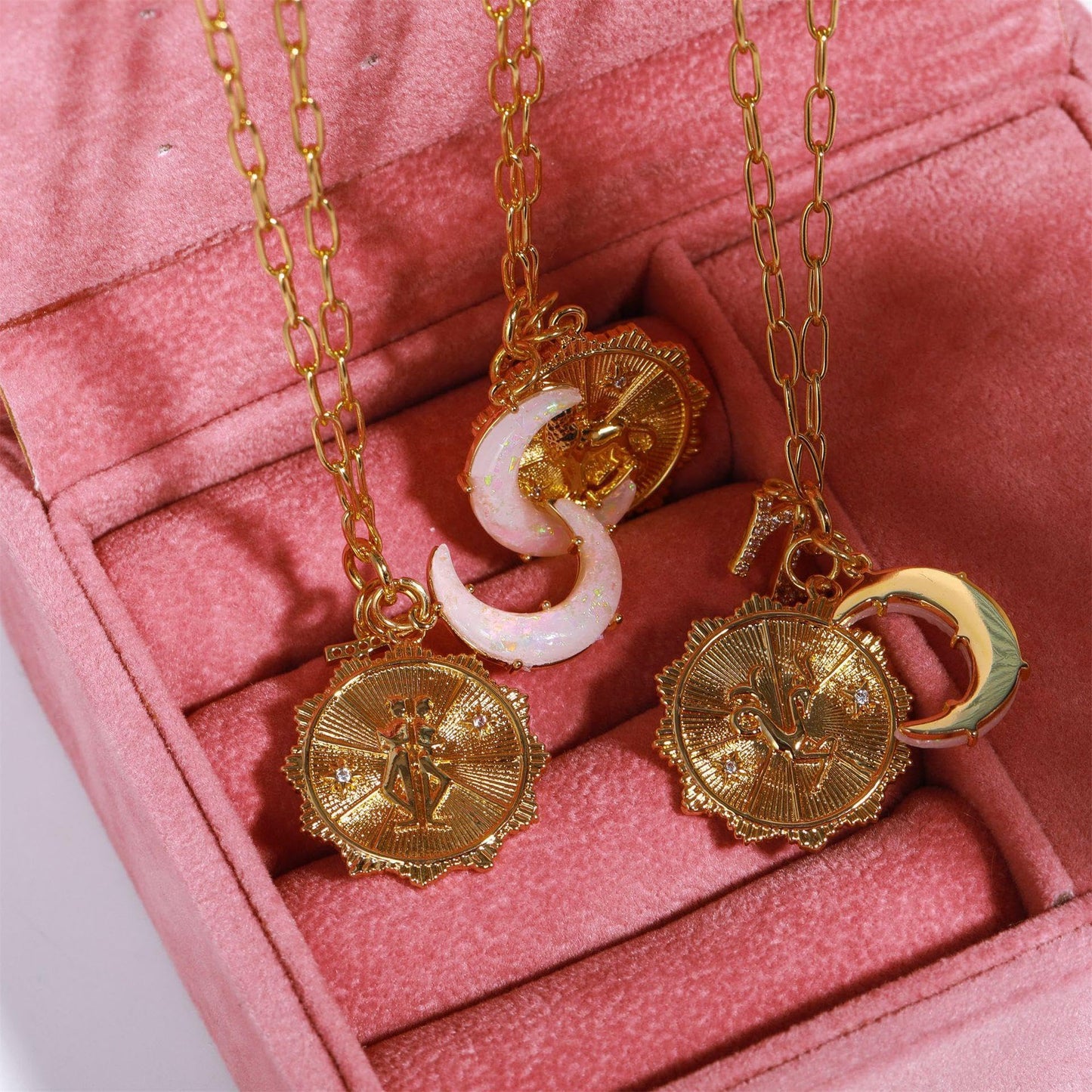 Lanadale Dainty Gold Gemini Zodiac Coin Opal Crescent Moon Charm Necklace for Women Trendy 18K Gold Plated Retro Paperclip Chain 12 Constellation Horoscope Necklaces Astrology Jewelry Gifts