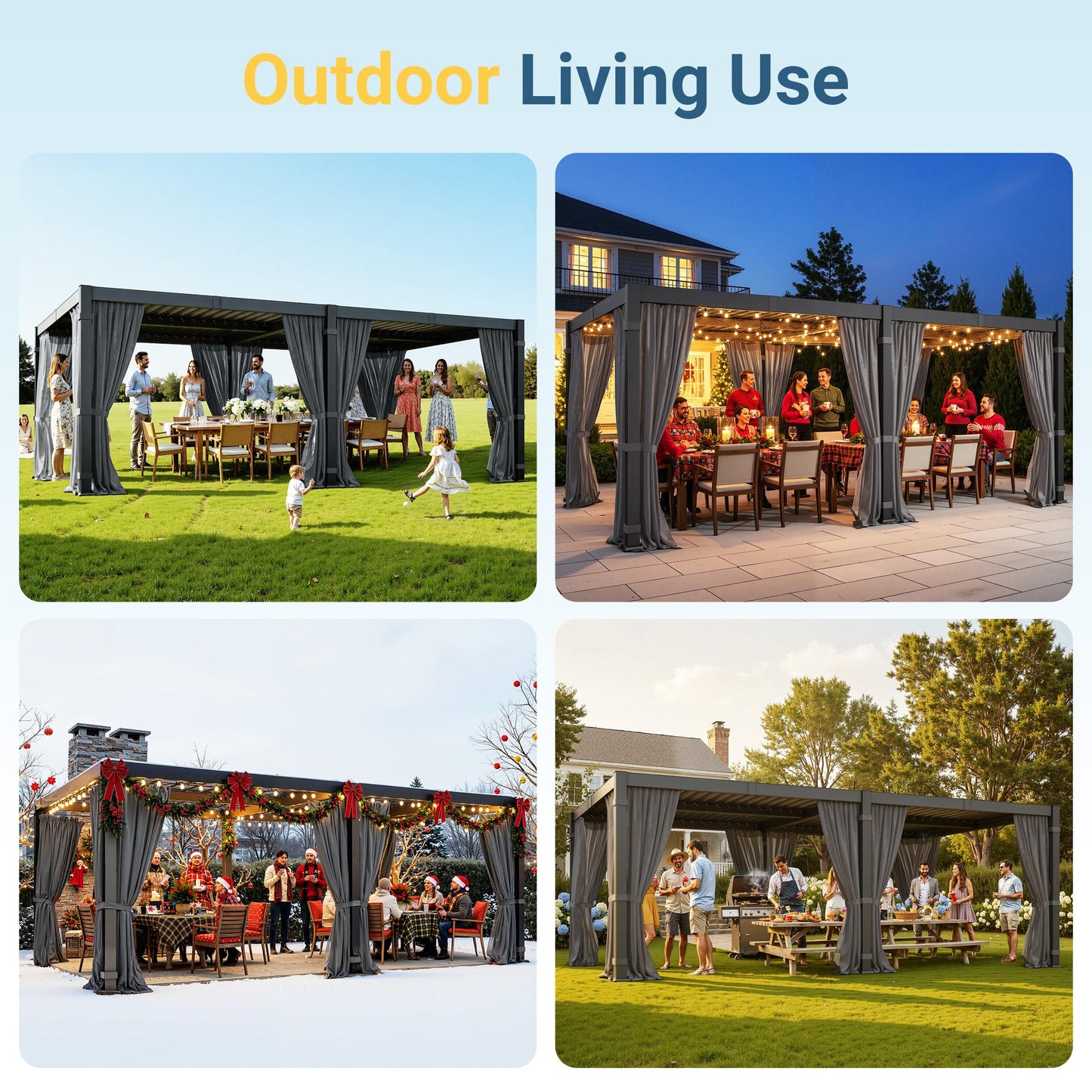 12' x 20' Louvered Pergola, Metal Outdoor Pergola with Adjustable Louvered Roof, Curtains & Netting, Gutter System, Hardtop Patio Gazebo for Patio, Deck, Garden, Yard, Dark Gray