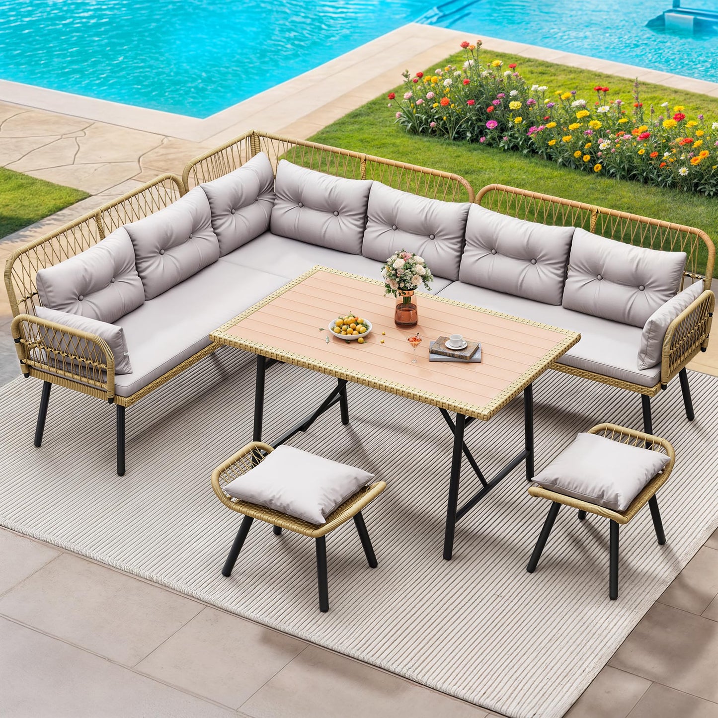 YITAHOME Patio Wicker L-Shaped Furniture Set, All-Weather Rattan Outdoor Conversation Sofa Set for Backyard Deck with Soft Cushions,Ottomans and Wood-Like Dining Table, Light Brown+Gray