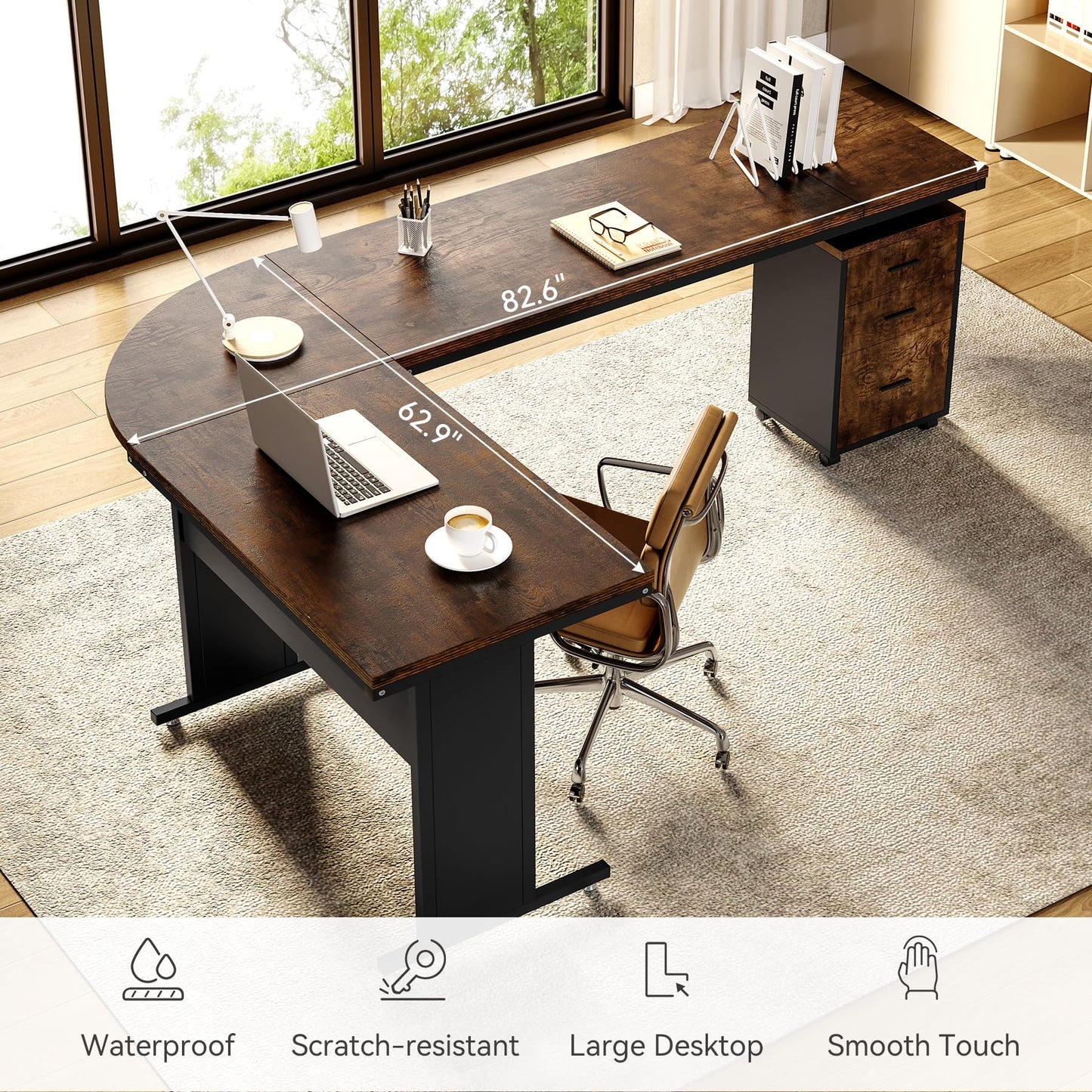 LITTLE TREE 83 Inch L-Shaped Office Desk with Drawers, Large Executive Office Desk with Storage, Wooden Computer Desk with File Cabinet, Modern Work Desk for Home Office, Brown