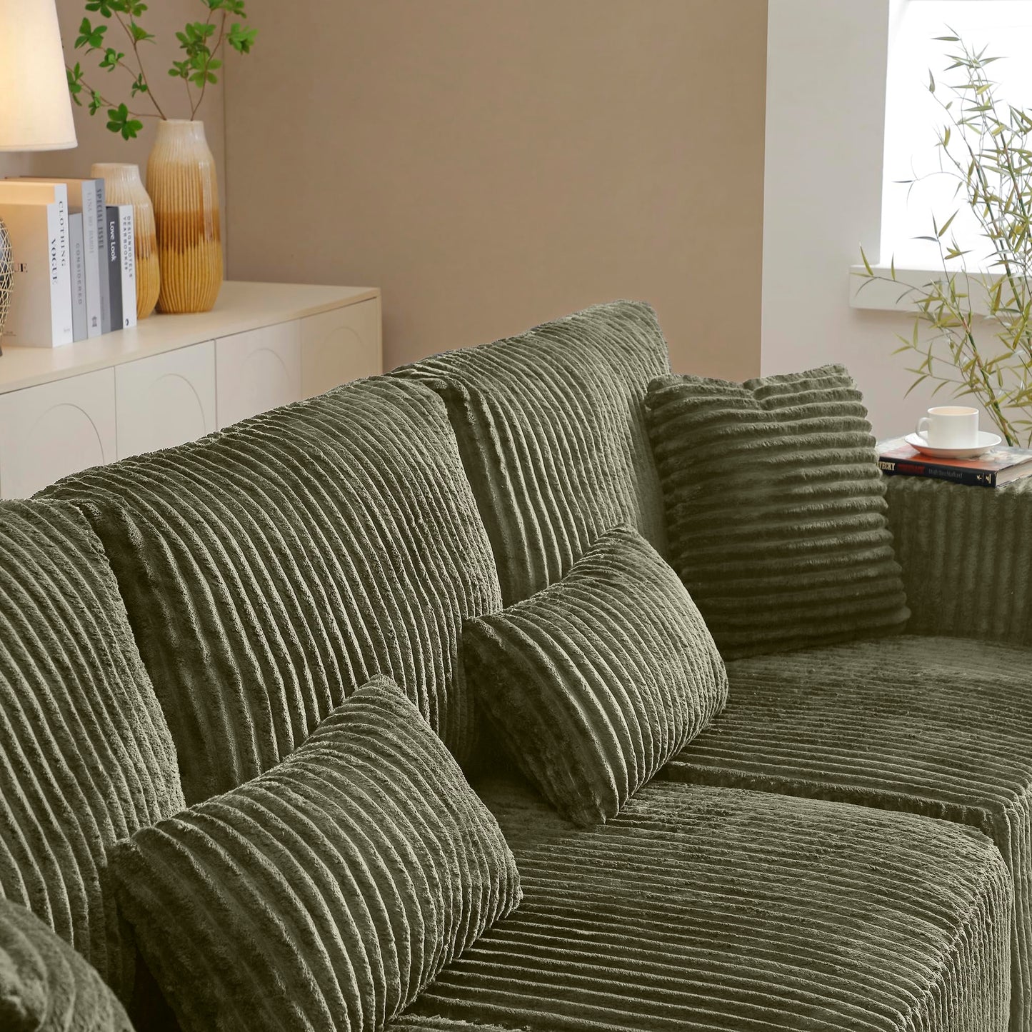 109" Modular L-Shaped Corner Cloud Sofa Corduroy Modular Couches with Deep Seat, 3 Pieces Compressed Boneless Sofa W/Left Chaise Lounge and 4 Pillows for Living Room