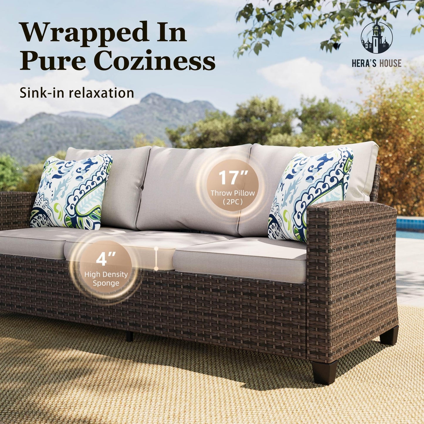 HERA'S HOUSE Swivel Glide Patio Furniture Set with 56" Fire Pit Table, 6 Pieces Outdoor Wicker Sectional Conversation Sofa Sets for Lawn Backyard Deck, Beige