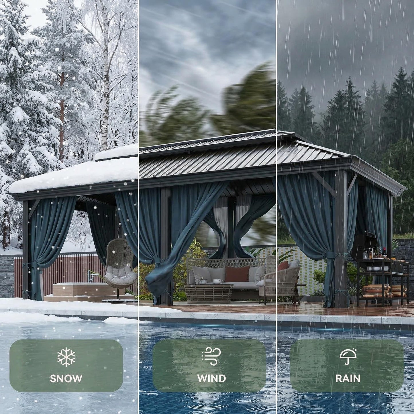 HOTEEL 12x20 Gazebo on Clearance with Metal Roof, Heavy Duty Hardtop Gazebo with Flame-Retardant Curtain & Netting, Outdoor Hard Top Gazebos with Galvanized Steel Double Roof for Backyarad,Patio Black