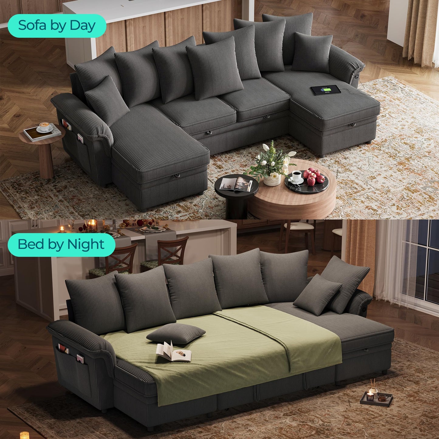 LINSY HOME Oversized Sectional Sleeper Sofa with Pull Out Couch Bed (Gray, 118.5'')