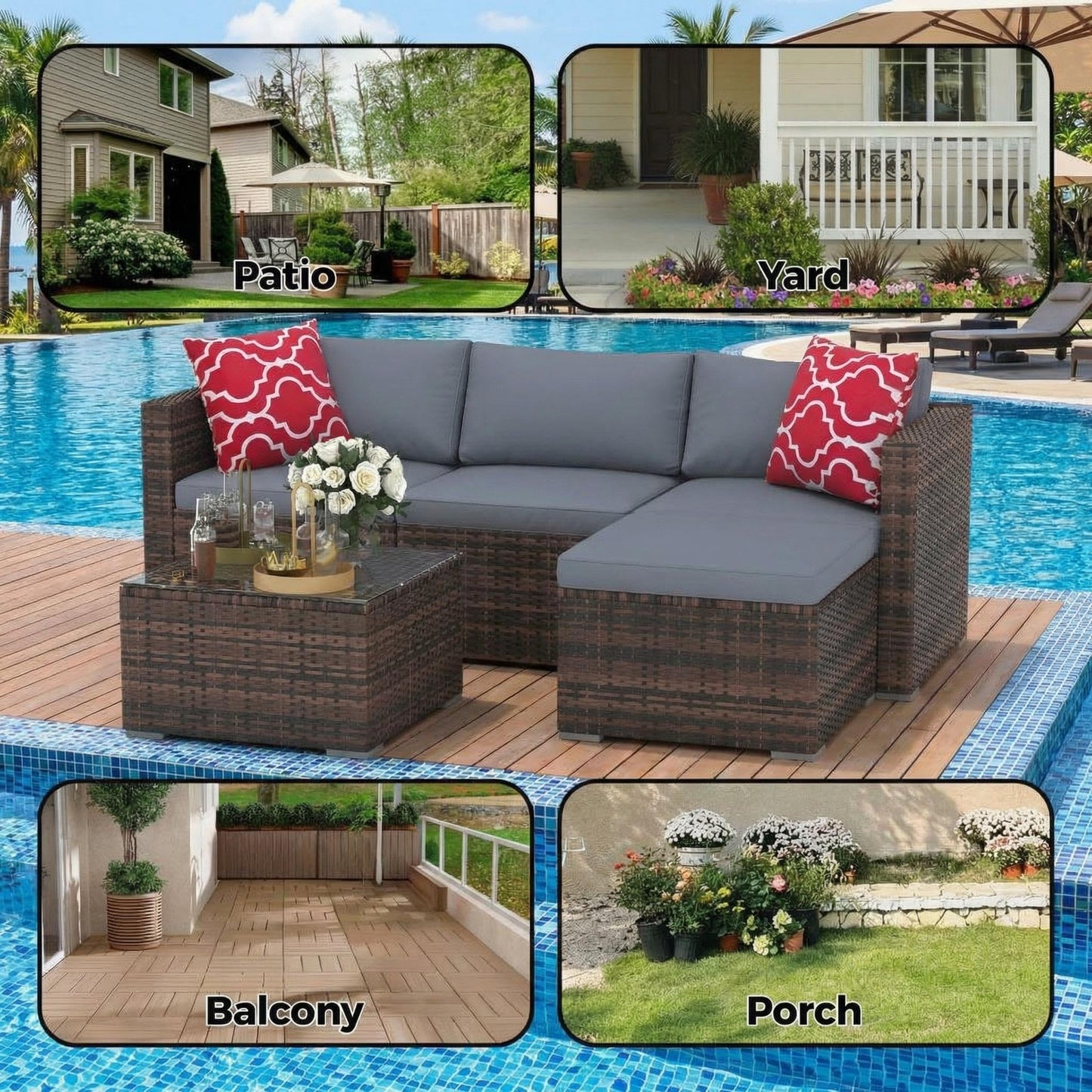 GarveeTech 5 Pieces Patio Furniture Set, All Weather Wicker Rattan Sectional Sofa,Outdoor Patio Furniture Set with Washable Cushions for Garden, Backyard, Porch, Poolside (Brown&Grey) ﻿